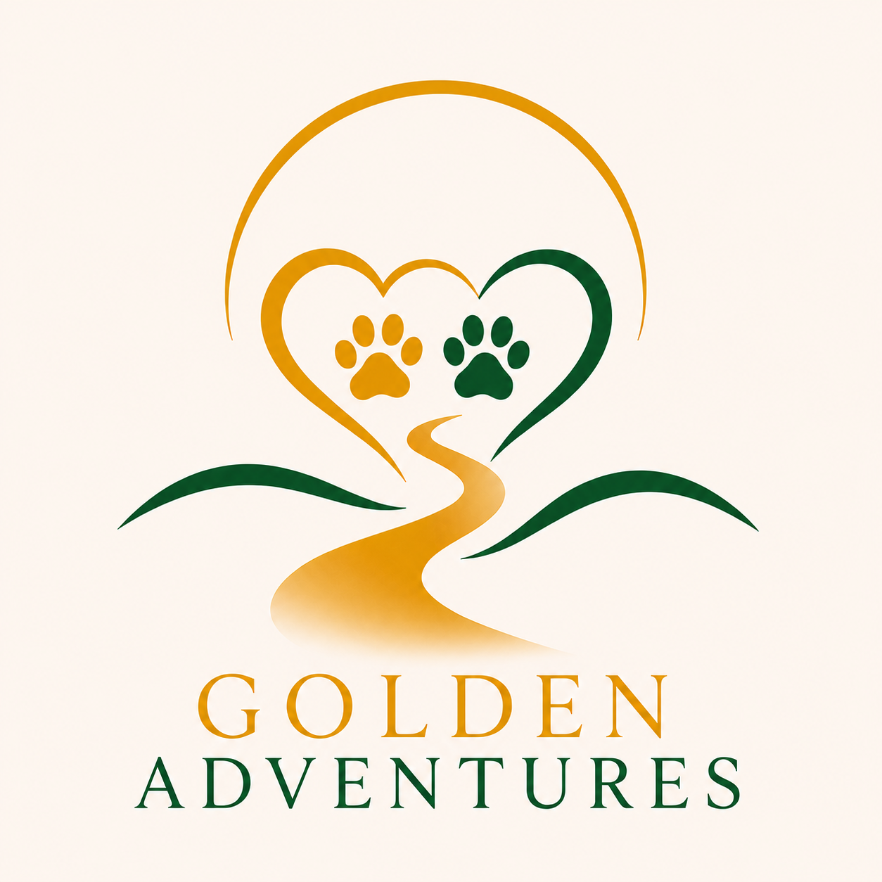 Logo for Golden Adventures featuring two heart-shaped tree branches with paw prints, a winding path, and green hills.