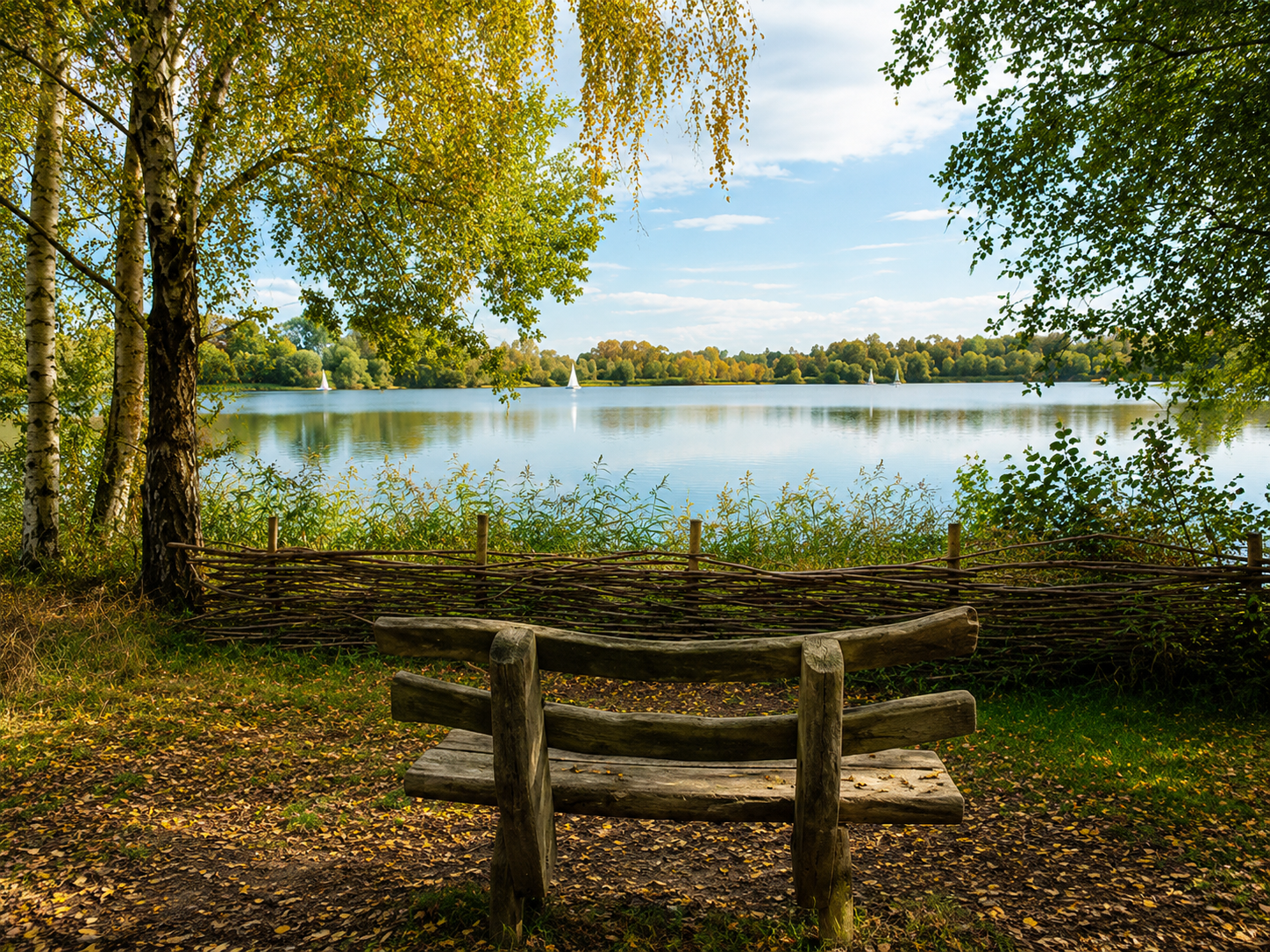 A wooden bench facing a lake, with trees and a woven fence in the foreground, sailboats on the water, and a partly cloudy sky.