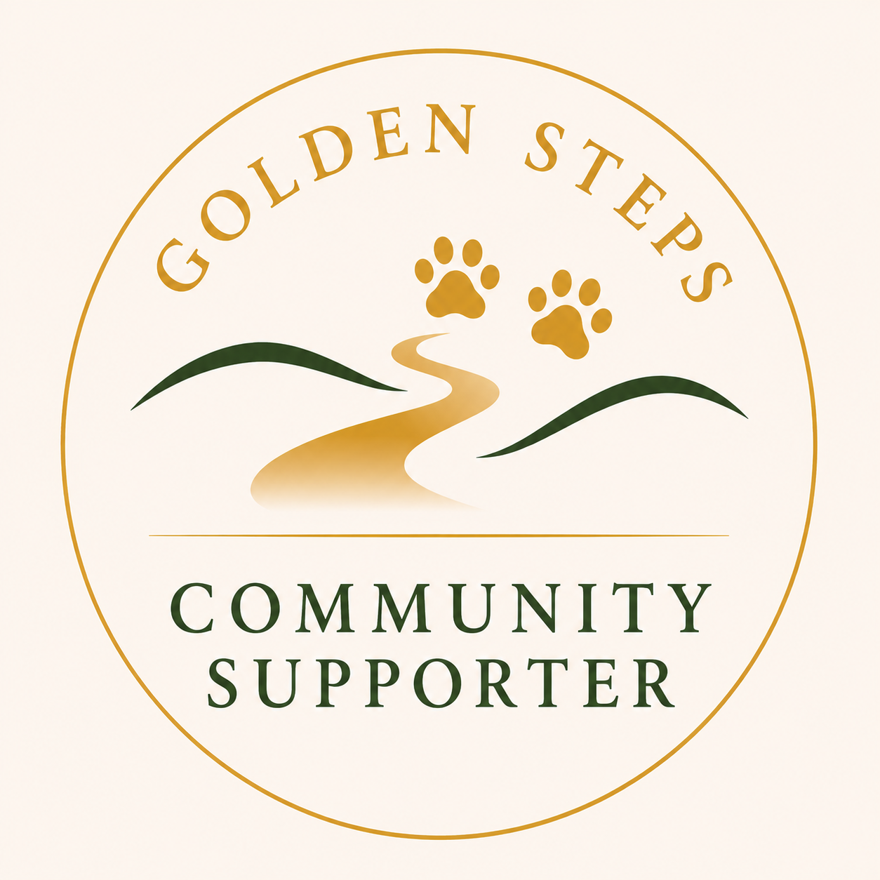 A circular logo with a gold border, featuring the words "Golden Steps" at the top and "Community Supporter" at the bottom. The center shows a stylized winding path between two green hills, with two gold paw prints above the path.