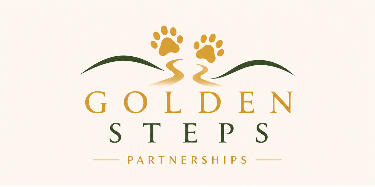 Logo for Golden Steps Partnerships featuring two paw prints above a winding path between green hills with the words "Golden Steps" in gold and green and "Partnerships" below.