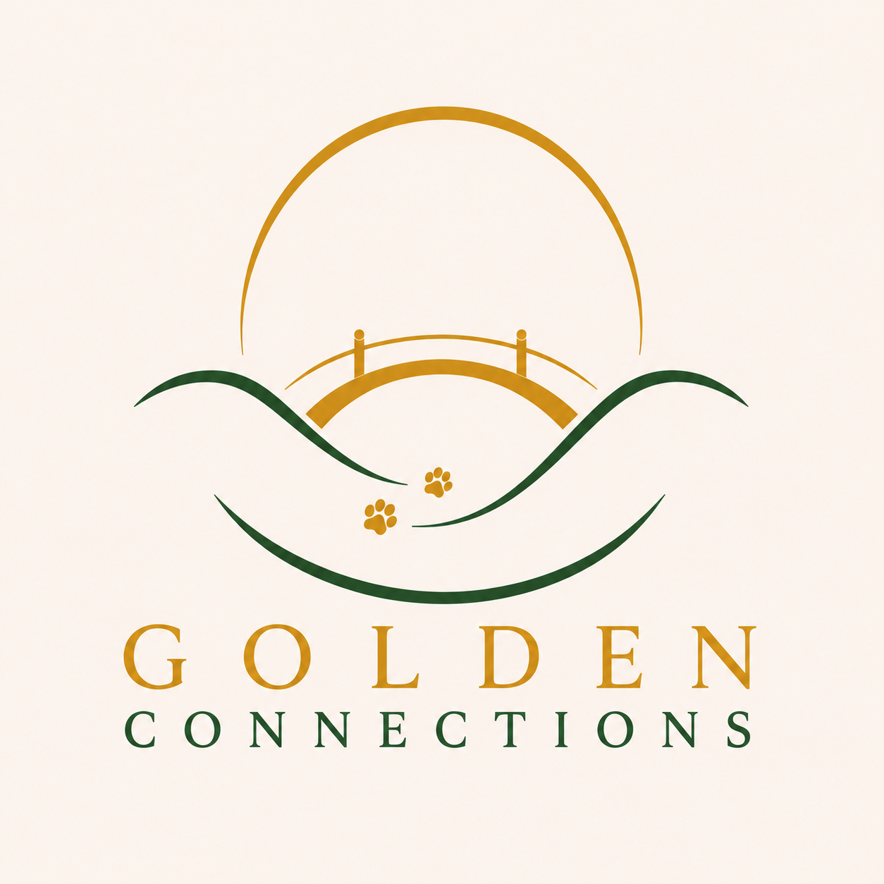 Logo for Golden Connections featuring a stylized bridge, two paw prints, and surrounding green hills with the text 'Golden Connections' below.