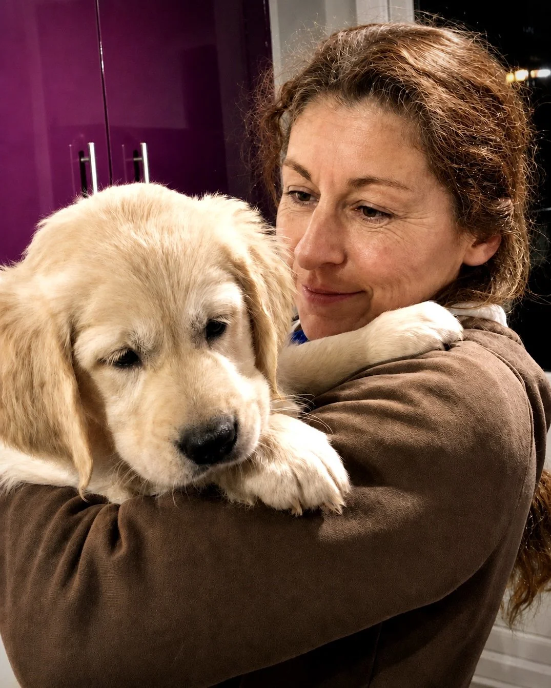 A woman holding a golden retriever puppy in her arms inside a home with purple cabinets in the background.