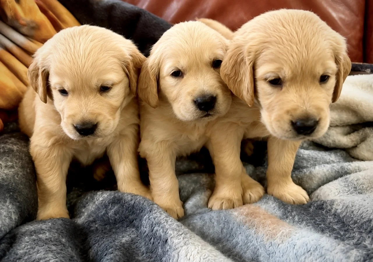 Three yellow Labrador Retriever puppies sitting on a blanket.