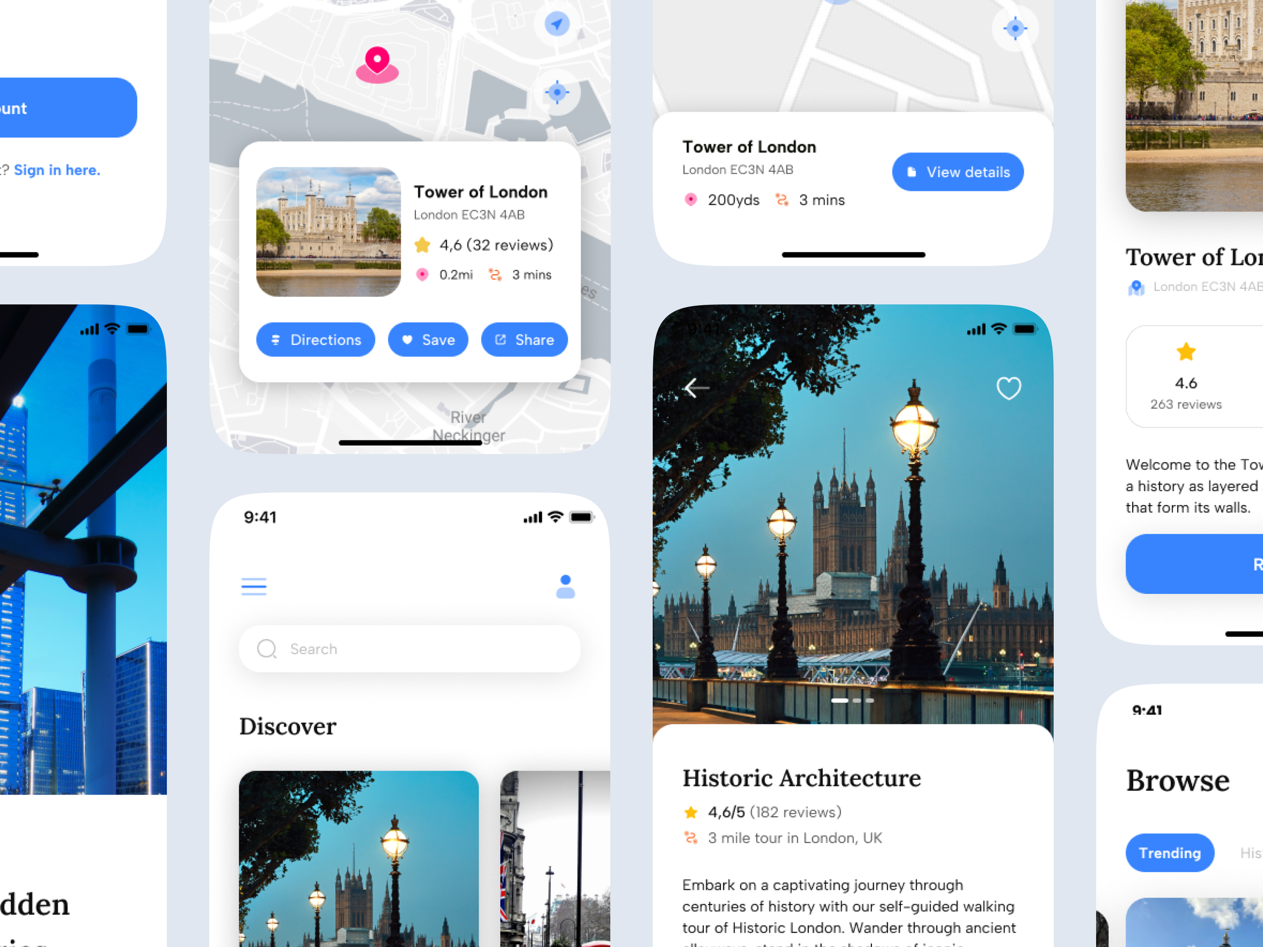 Screenshots of a mobile app interface featuring information about the Tower of London, including images of the historic castle, ratings, reviews, and details about its location and nearby attractions in London, UK.