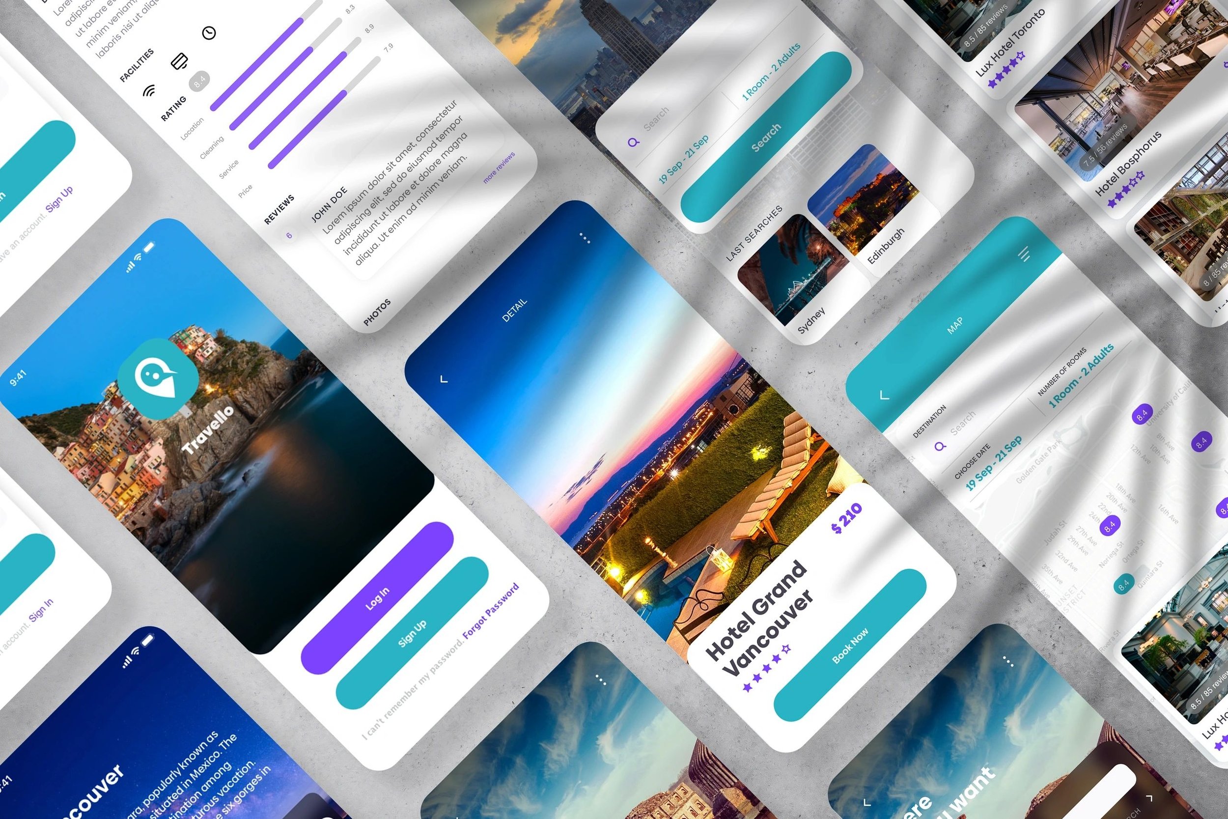 A collage of travel app screens displaying hotel searches, reviews, photos, and booking options for various cities, including Vancouver and Sydney, with a mix of sunset and cityscape images, ratings, and user reviews.