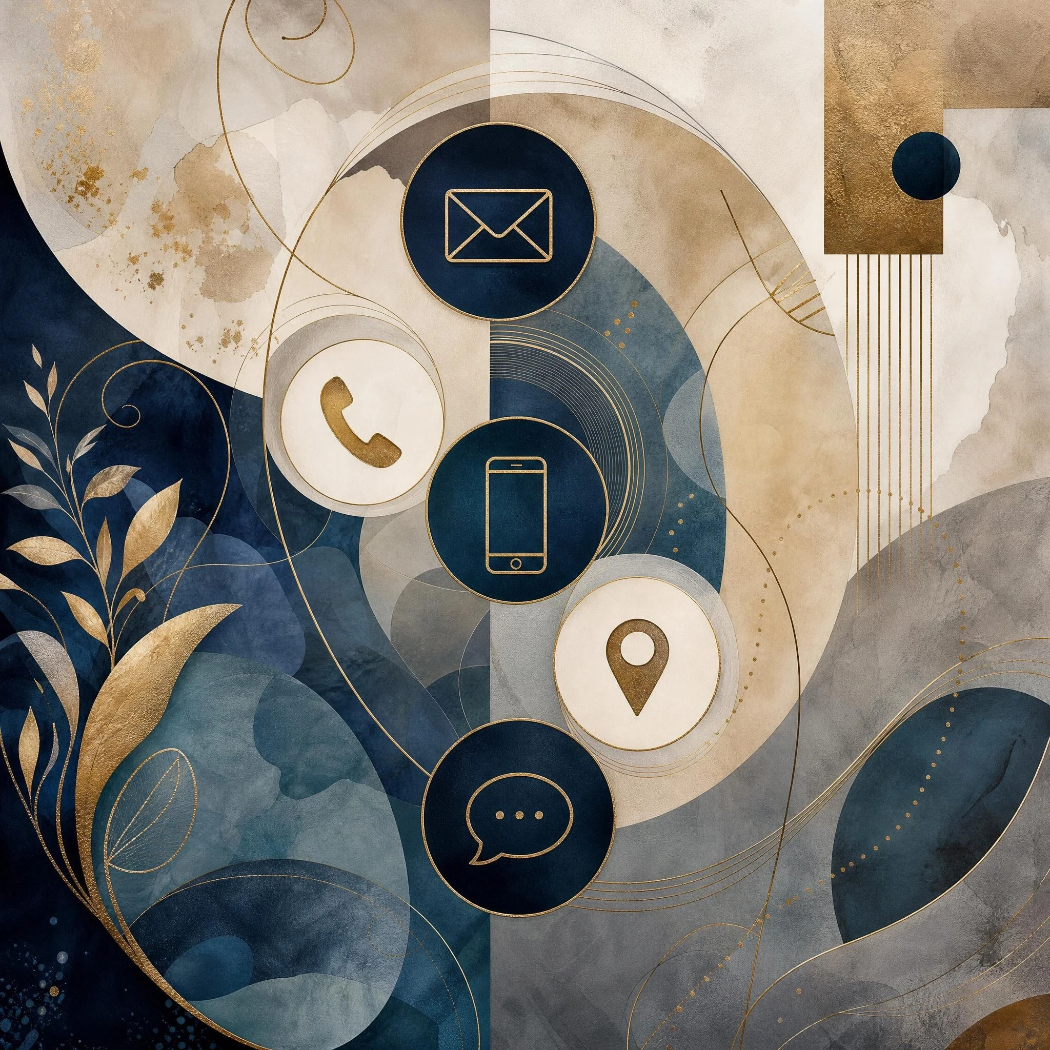 Abstract digital art featuring gold and dark blue circles with icons of a mail envelope, a phone, and a smartphone, set against a textured background with gold accents and decorative lines.