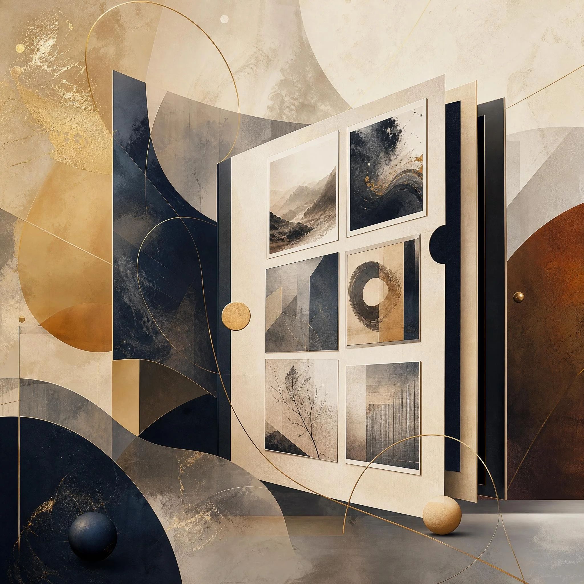 Abstract art piece with geometric shapes, mountain landscapes, and textured gold and dark blue areas, featuring hanging and spherical elements.
