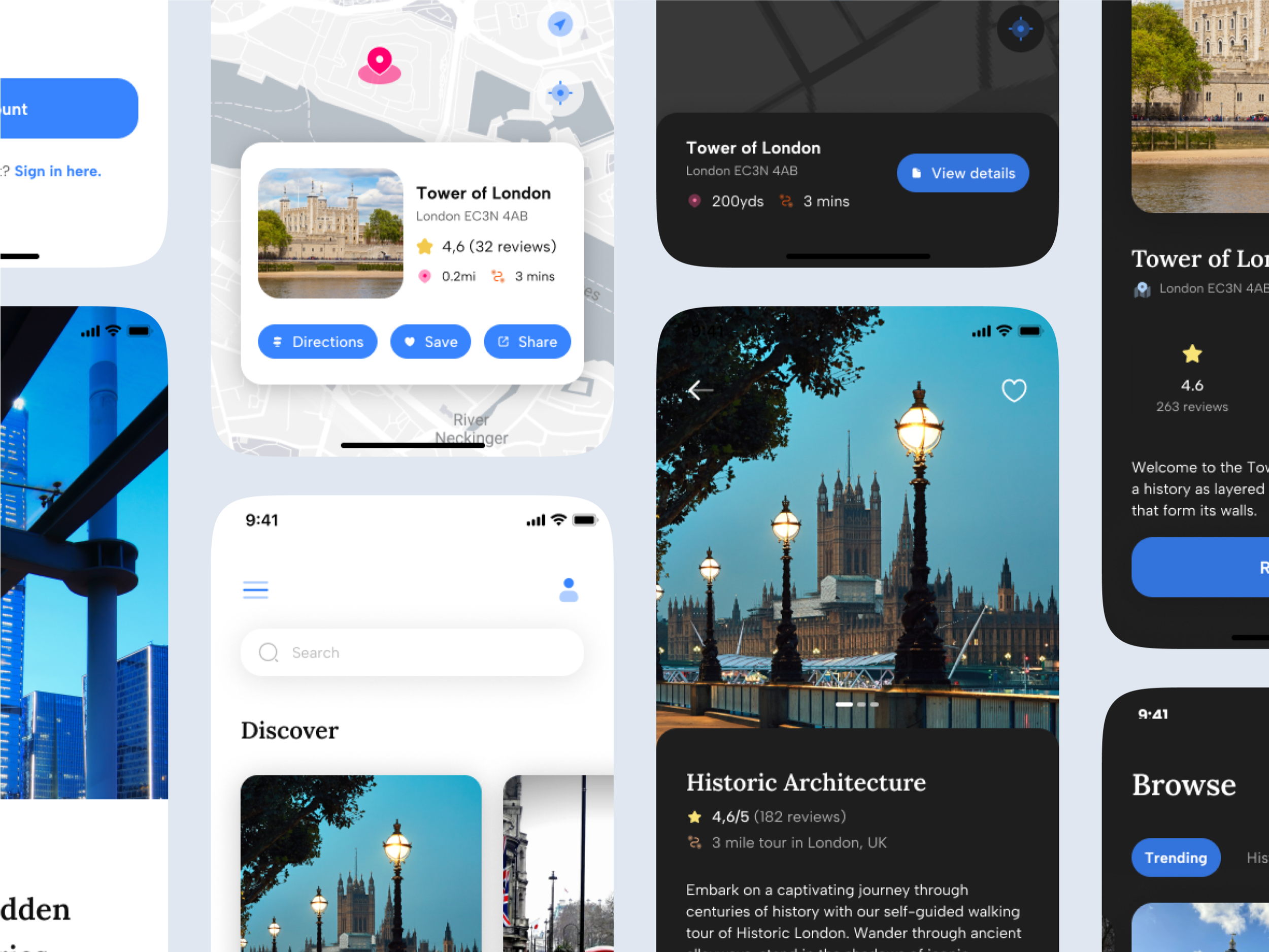 App concept for exploring cities on foot. The core design problem was reducing decision fatigue — too many options at once stops people exploring at all — so the interface surfaces one clear next step at a time rather than a full list of every tour a