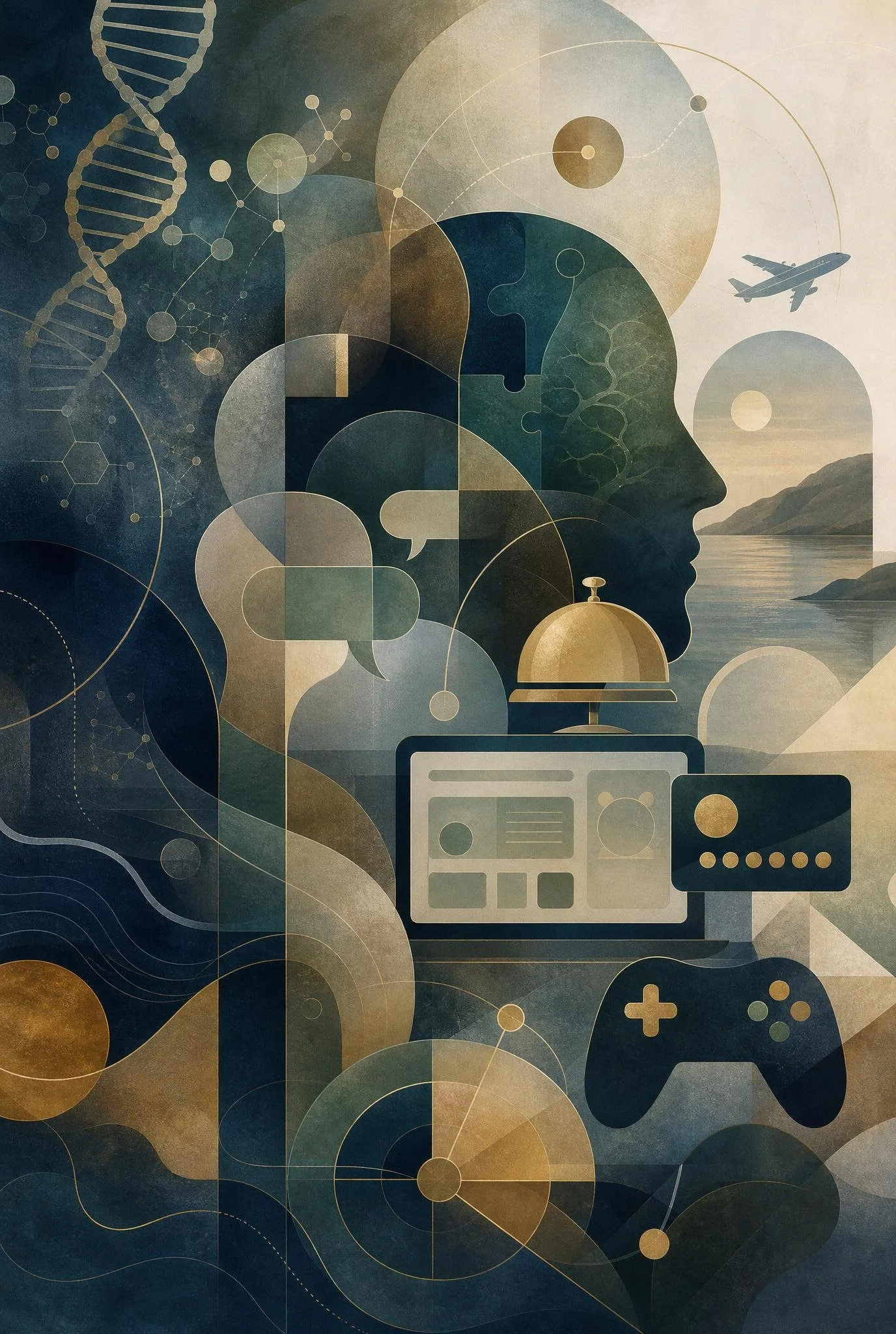 Abstract digital art featuring human profile, DNA strand, molecule structures, a world map, airplane, and gaming controller over a landscape background with water and mountains.