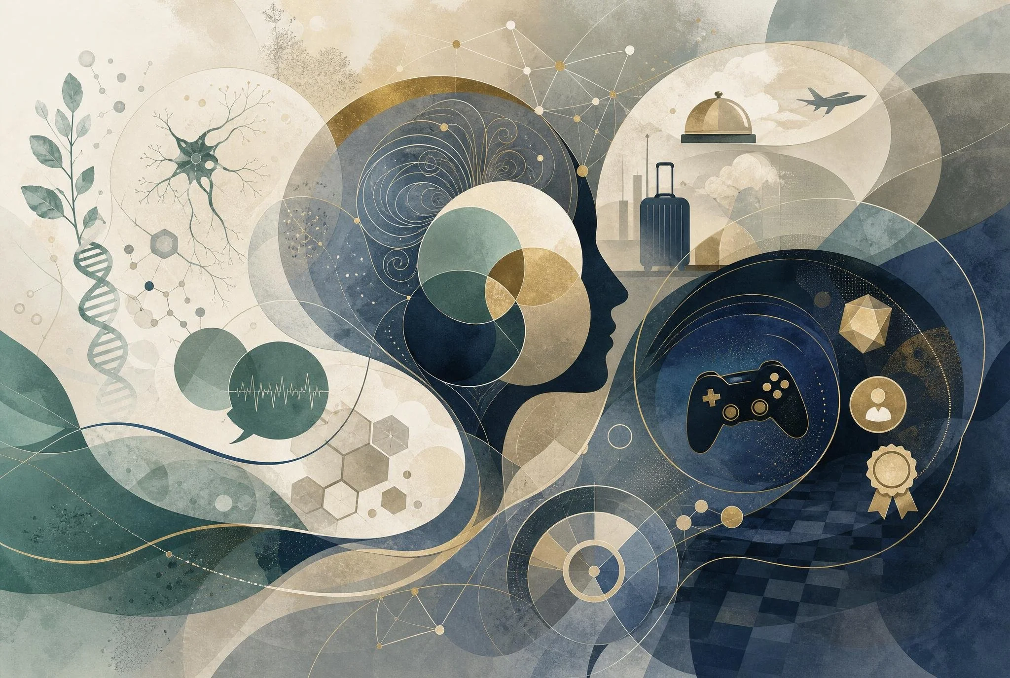 Abstract digital artwork featuring human profiles, DNA helix, neural network, airplane, city skyline, gaming controller, and various science and technology symbols interconnected with lines and geometric shapes.