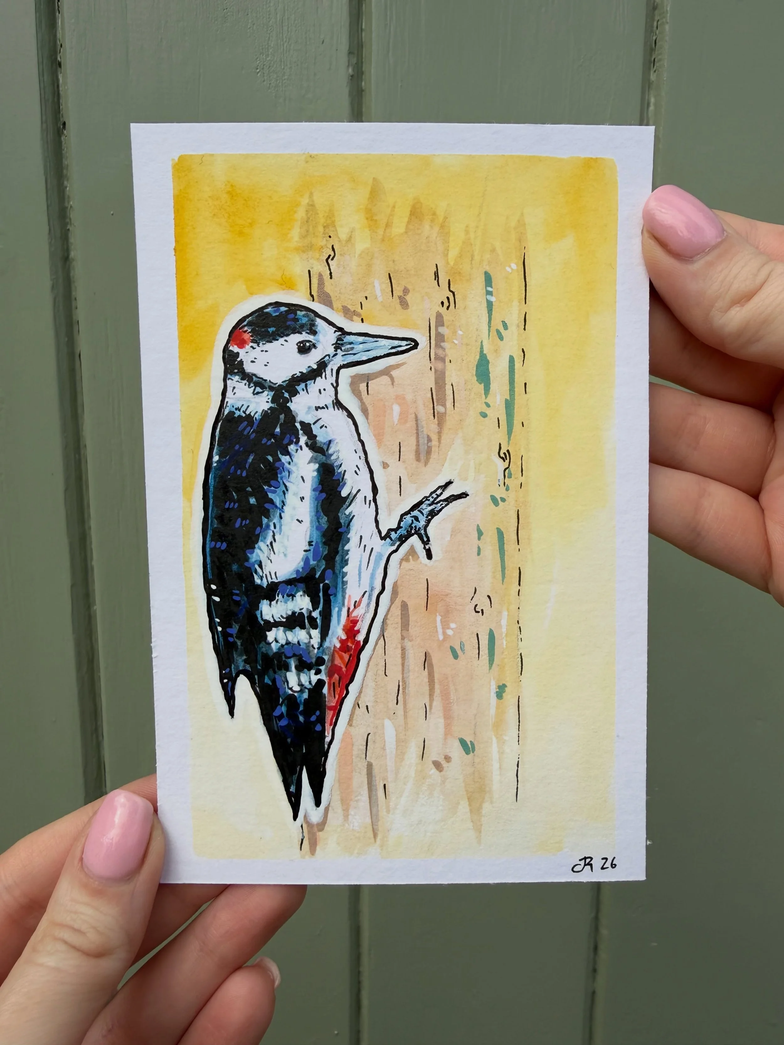 Proud of this one. We are lucky to get a lot of woodpeckers where we live. They are surprisingly shy for what can be a noisy bird. #art #birdart #animalart #woodpecker #gouach