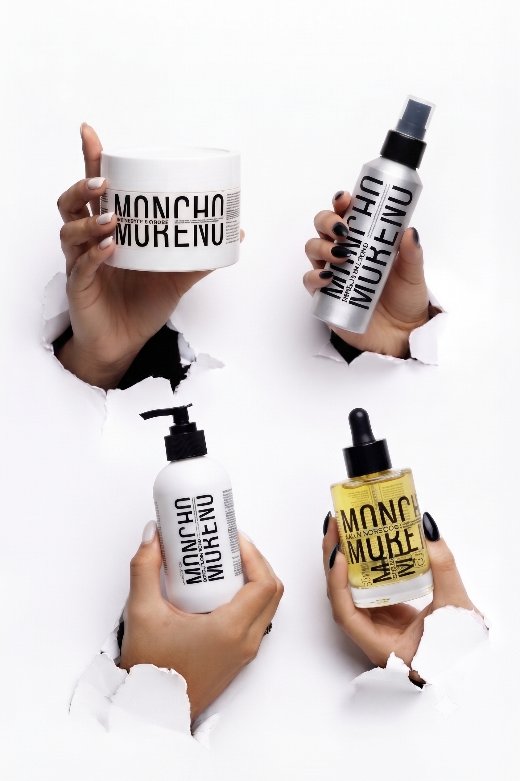Hands holding various skincare and beauty product bottles emerging from a torn paper background, with a minimalist white backdrop.