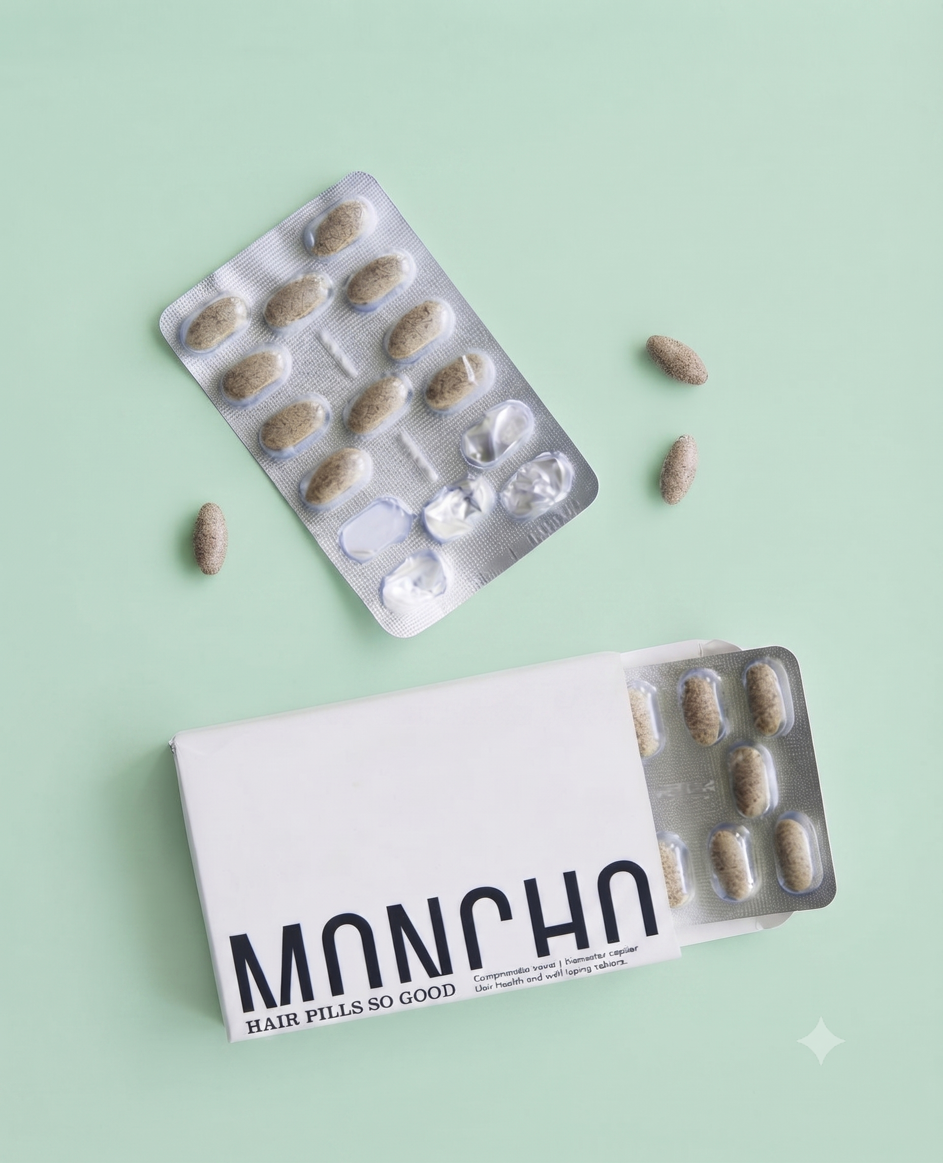 A blister pack of beige capsule-shaped pills on a light green surface, next to a white box with text partially visible.