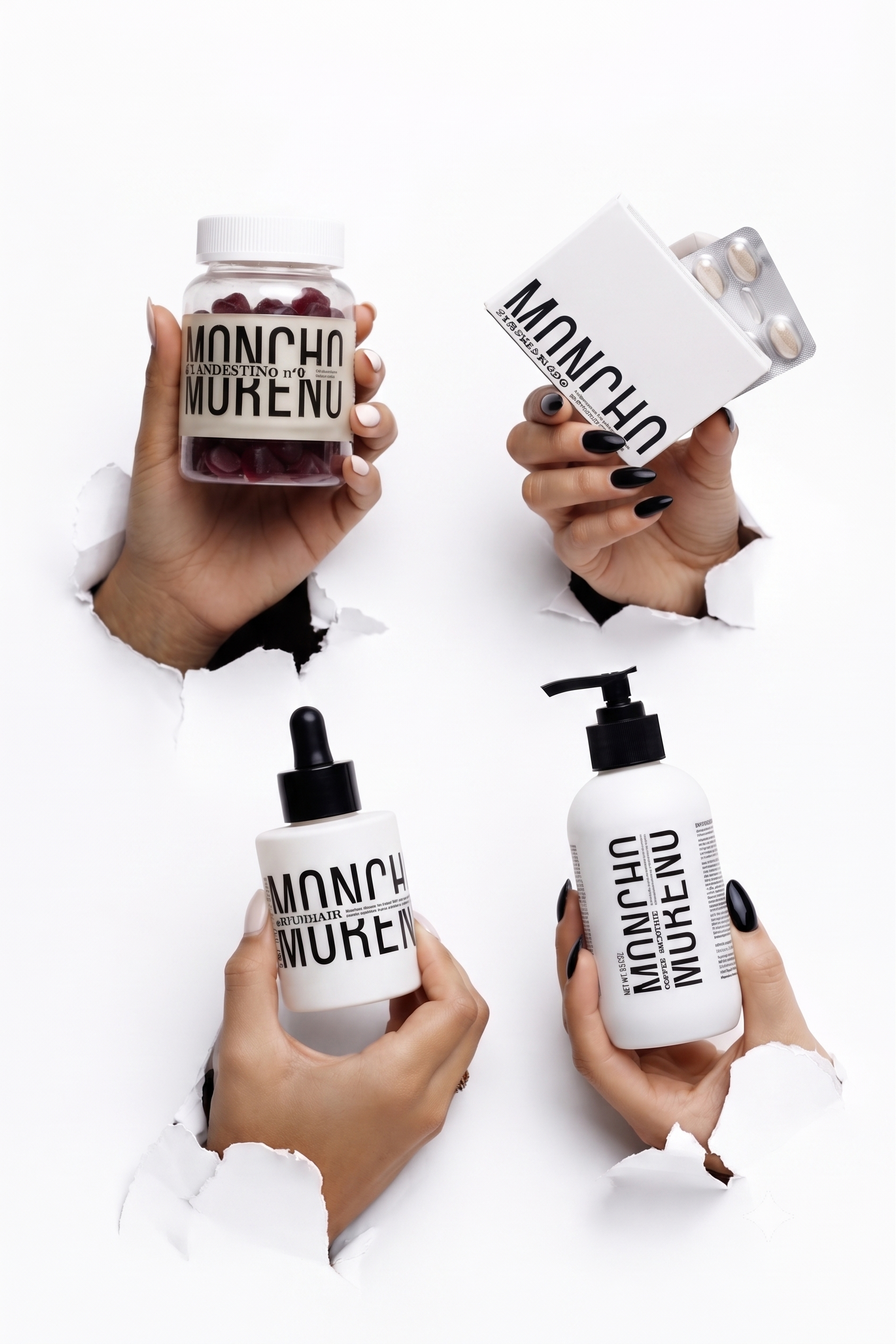 A person holds a jar of gummies in one hand and a box of pills in the other, with both hands emerging from torn paper in a white background. The labels on the products read "MUNCH" and "MONCHO MURENU."