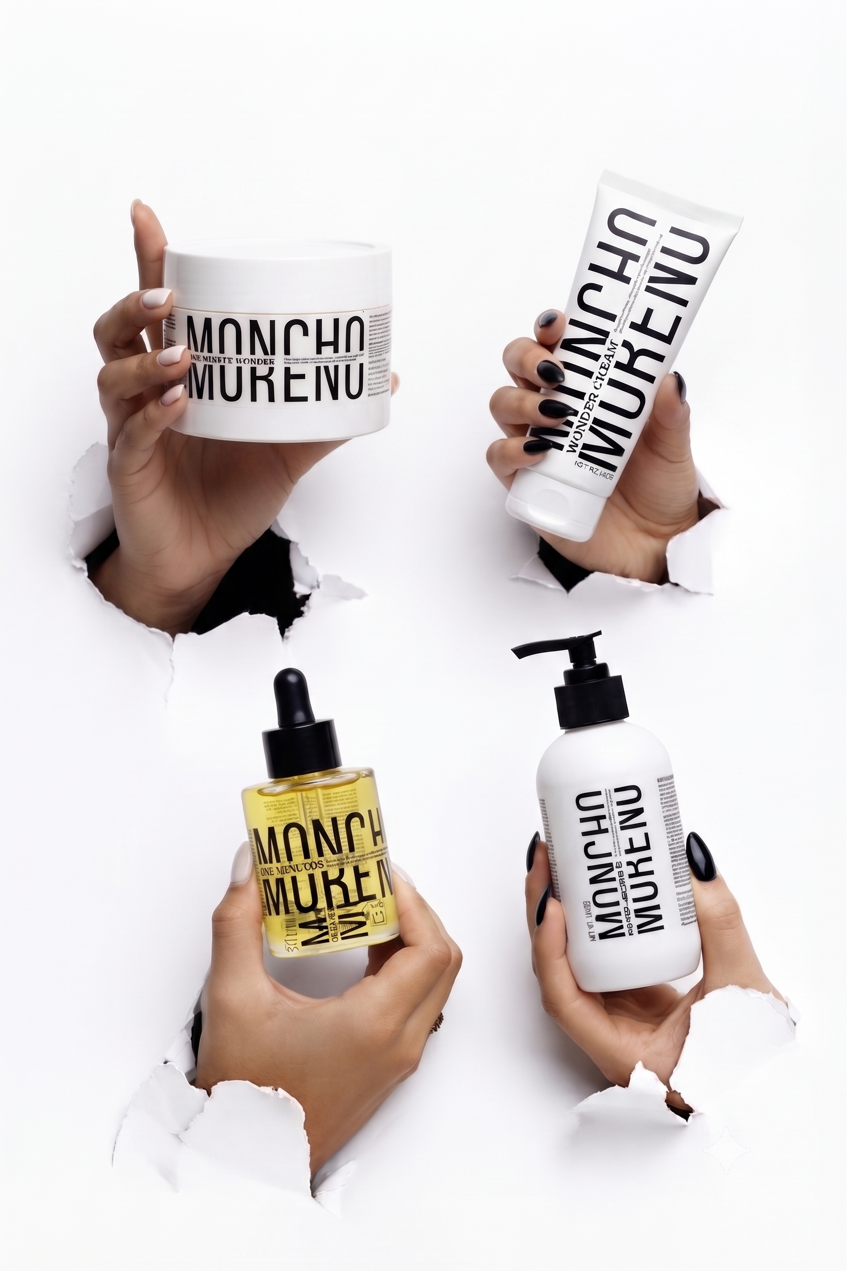 Four hands holding various skincare and cosmetic products through torn paper holes in a white background