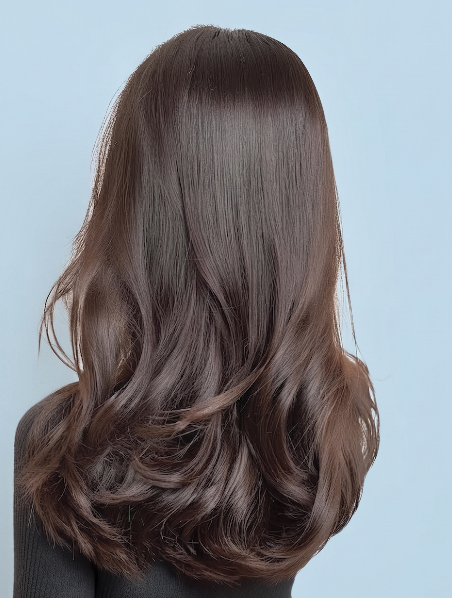 Close-up of a person's shoulder and hair, with long, wavy, brown hair against a light blue background.