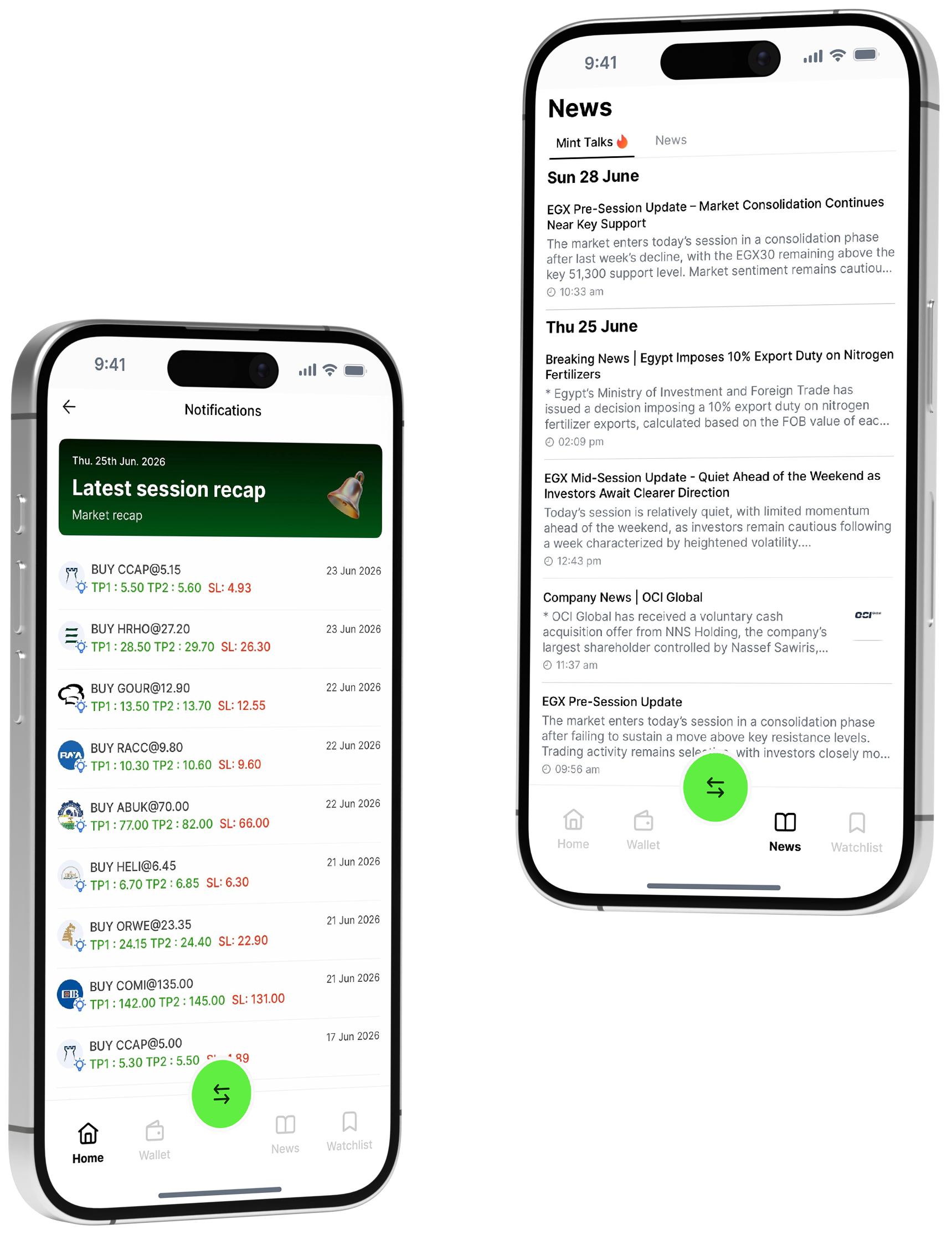 Two smartphones displaying financial and news apps, with stocks and market updates and a green share icon.