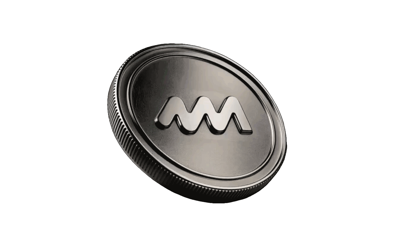 A round black button with a silver border and a stylized 'M' in the center, representing the M&M's brand logo.