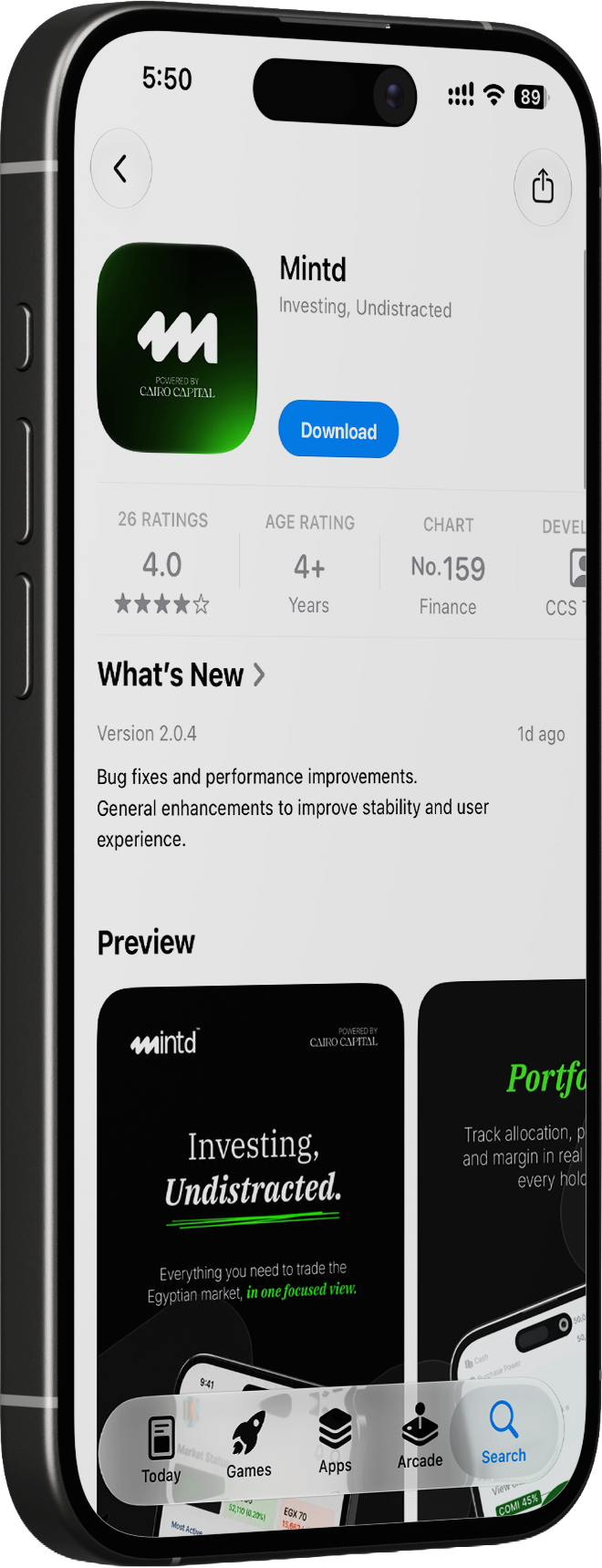 Smartphone screen displaying the app store page for the 'Mintd' investing app, with a large 'Download' button, app details, and preview images. The phone shows the time as 5:50 and has a Wi-Fi signal with 89% battery.