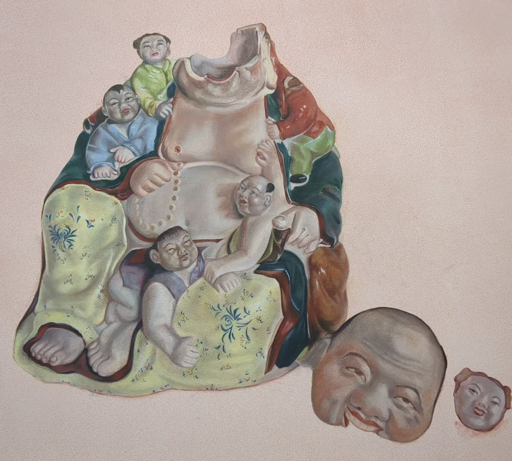 A painting depicting a large, exaggerated central figure with multiple children climbing on and around it. The figure has a big belly, open mouth, and multiple faces with smiling and laughing expressions. Additional faces are scattered around the image, some detached from the main figure.
