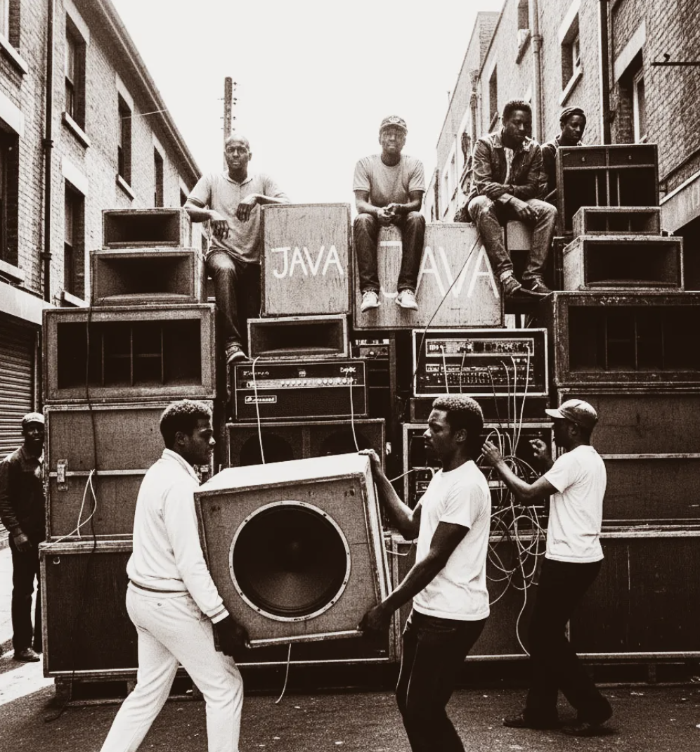 A group of men are setting up large speakers and sound equipment on a city street, with some sitting on top of the equipment and others carrying the speakers. The scene appears to be a street event or sound system setup.