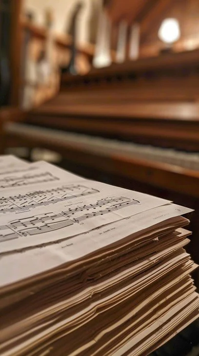 A stack of sheet music resting on a piano bench in front of an upright piano in a cozy room.