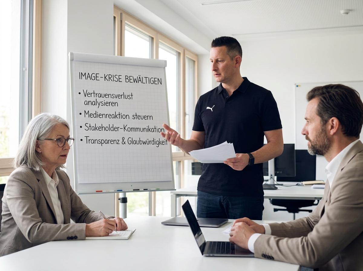 Geschäftsleute in einem Meeting, eine Person präsentiert an einer Flipchart mit Text zu Image-Krise bewältigen, während zwei Personen zuhören, eine schreibt Notizen, eine andere arbeitet am Laptop.