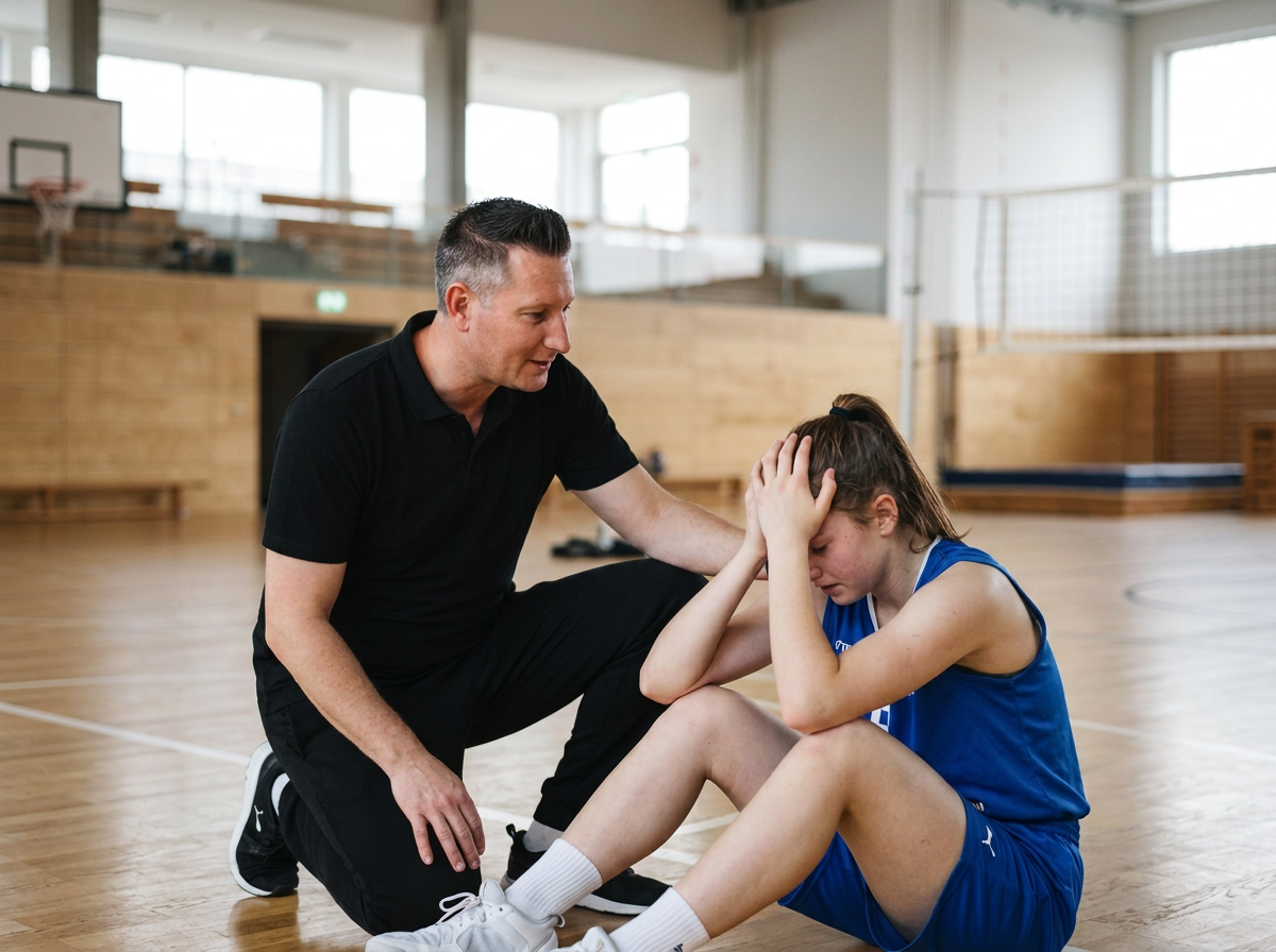 Ein Trainer tröstet eine erschöpfte Basketballspielerin, die auf dem Boden eines Turnhallen spielt. Die Trainerin hält ihre Schulter und spricht mit ihr, während die Spielerin die Hände auf den Kopf legt.