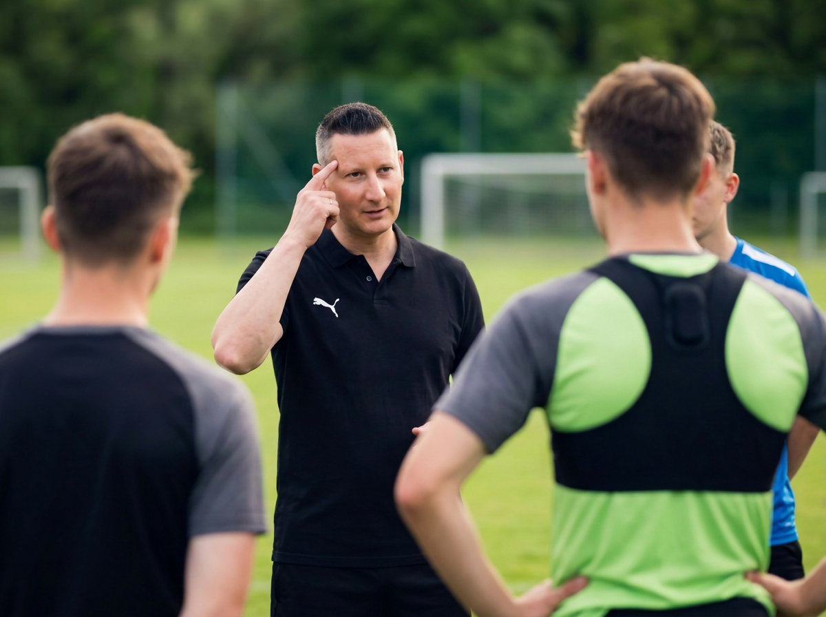 Thomas Pfeiffer; Medien-Coach und Sport-Vereinsberater spricht mit Spielern auf dem Spielfeld während des Trainings zum Thema Medienkompetenz.