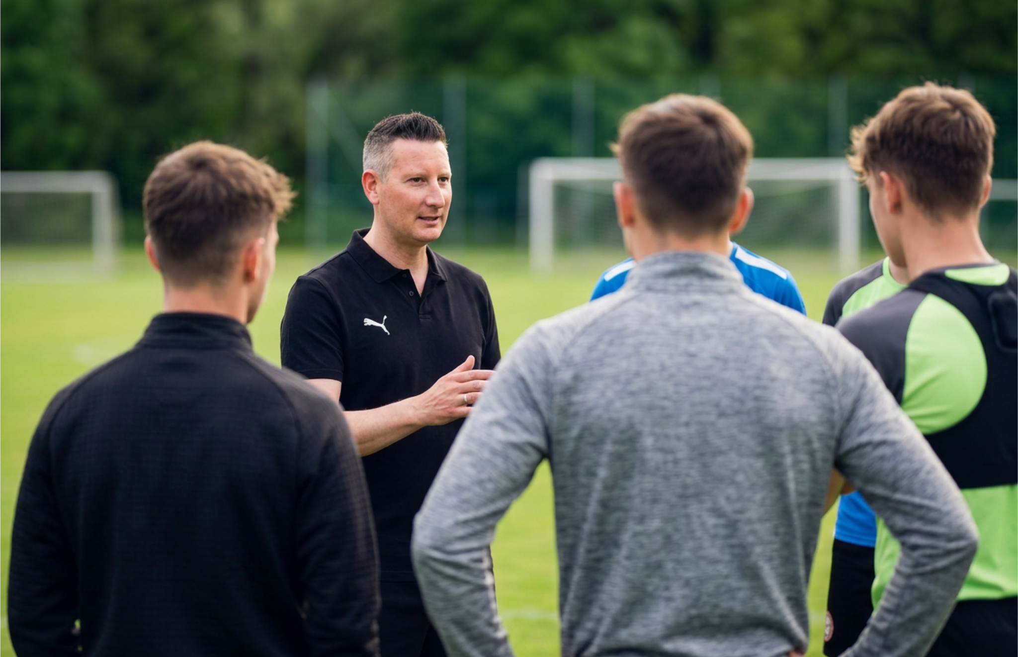 Thomas Pfeiffer; Medien-Coach und Sport-Vereinsberater spricht mit Spielern auf dem Spielfeld während des Trainings zum Thema Medienkompetenz.