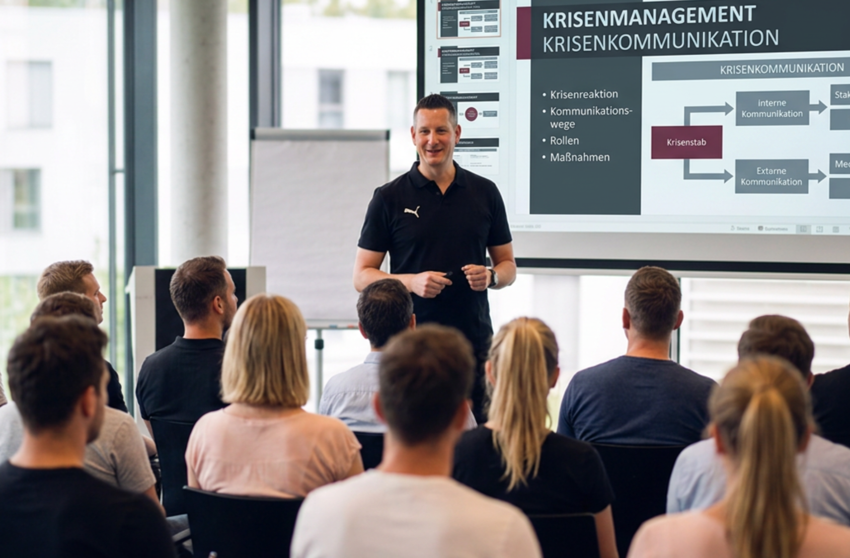 Thomas Pfeiffer hält eine Präsentation vor einer Gruppe von Menschen in einem modernen Raum mit großen Fenstern. Auf dem Bildschirm hinter ihm ist ein Diagramm zum Krisenmanagement zu sehen.