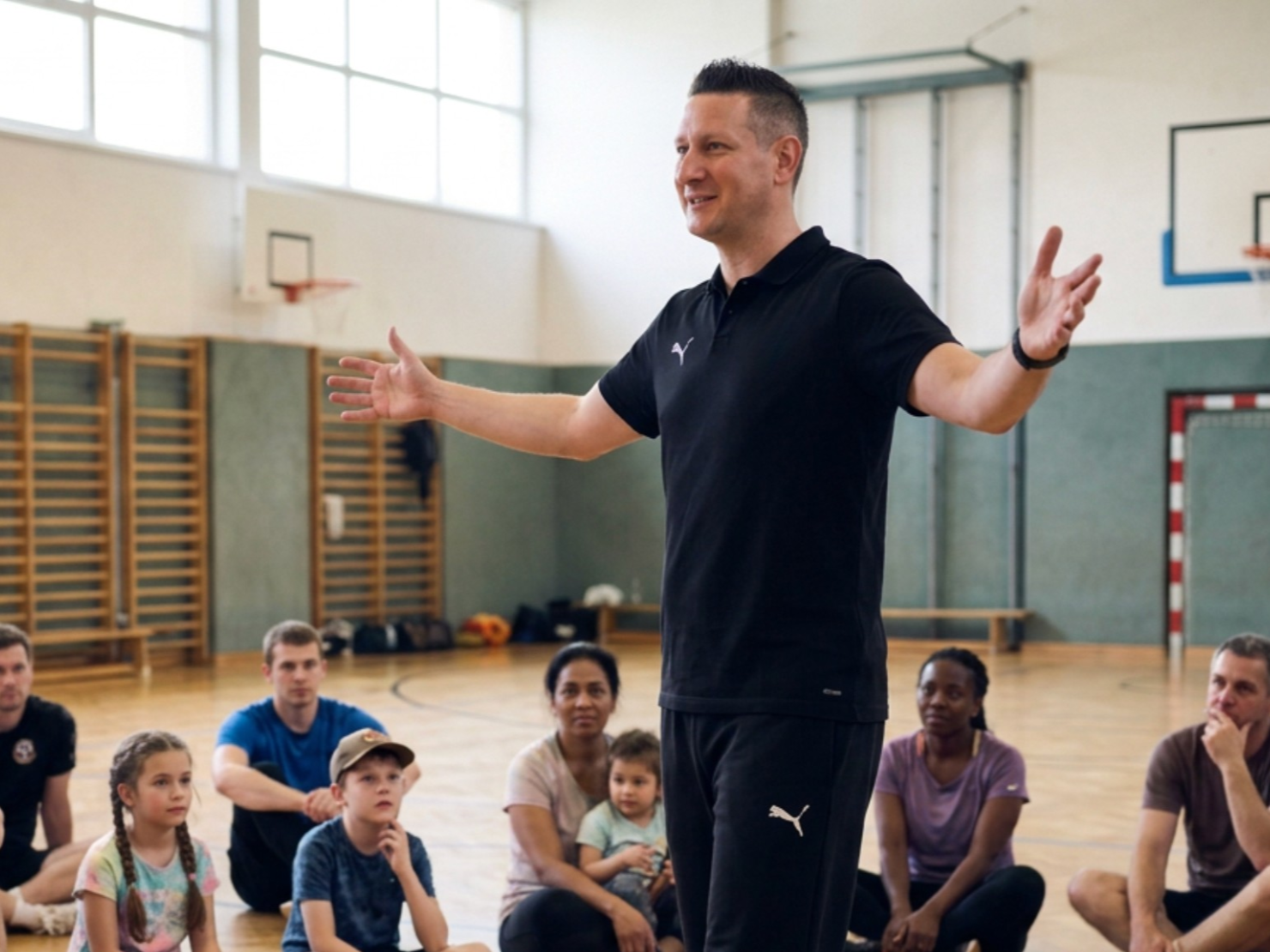 Trainer spricht vor einer Gruppe von Kindern und Erwachsenen in einer Turnhalle, während er mit offenen Armen spricht.