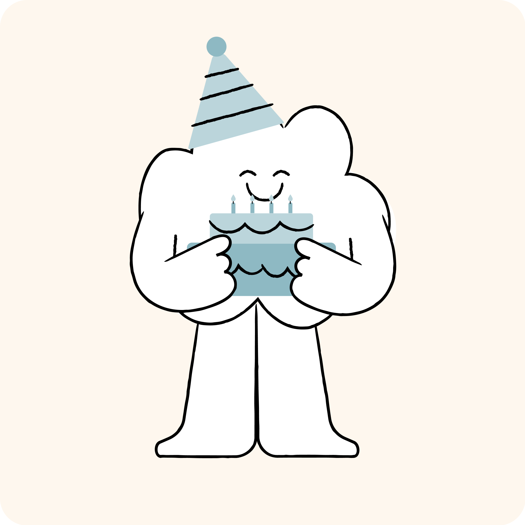 Disegno minimalista di un elefante bianco con un cappellino a forma di cono di colore azzurro che tiene una torta di compleanno con quattro candeline.