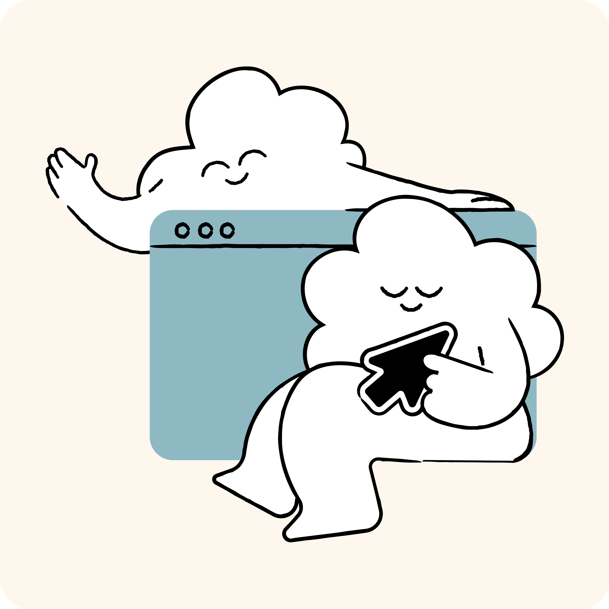 Disegno di una nuvola con un volto sorridente, che saluta con una mano, e una persona con un dispositivo mobile che si avvicina alla nuvola.