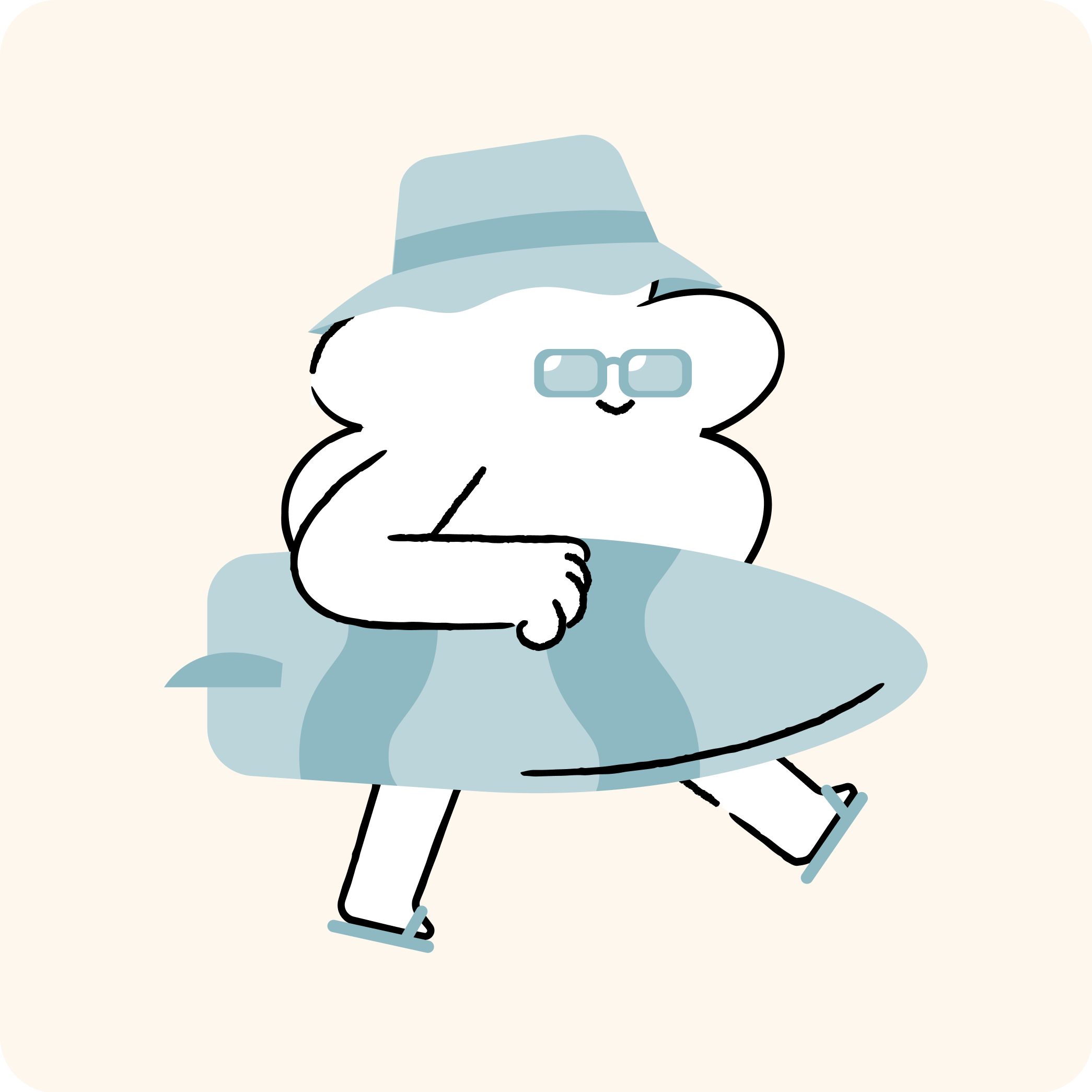 Personaggio disegnato con cappello, occhiali e camicia a maniche lunghe, in stile semplice e cartoon.