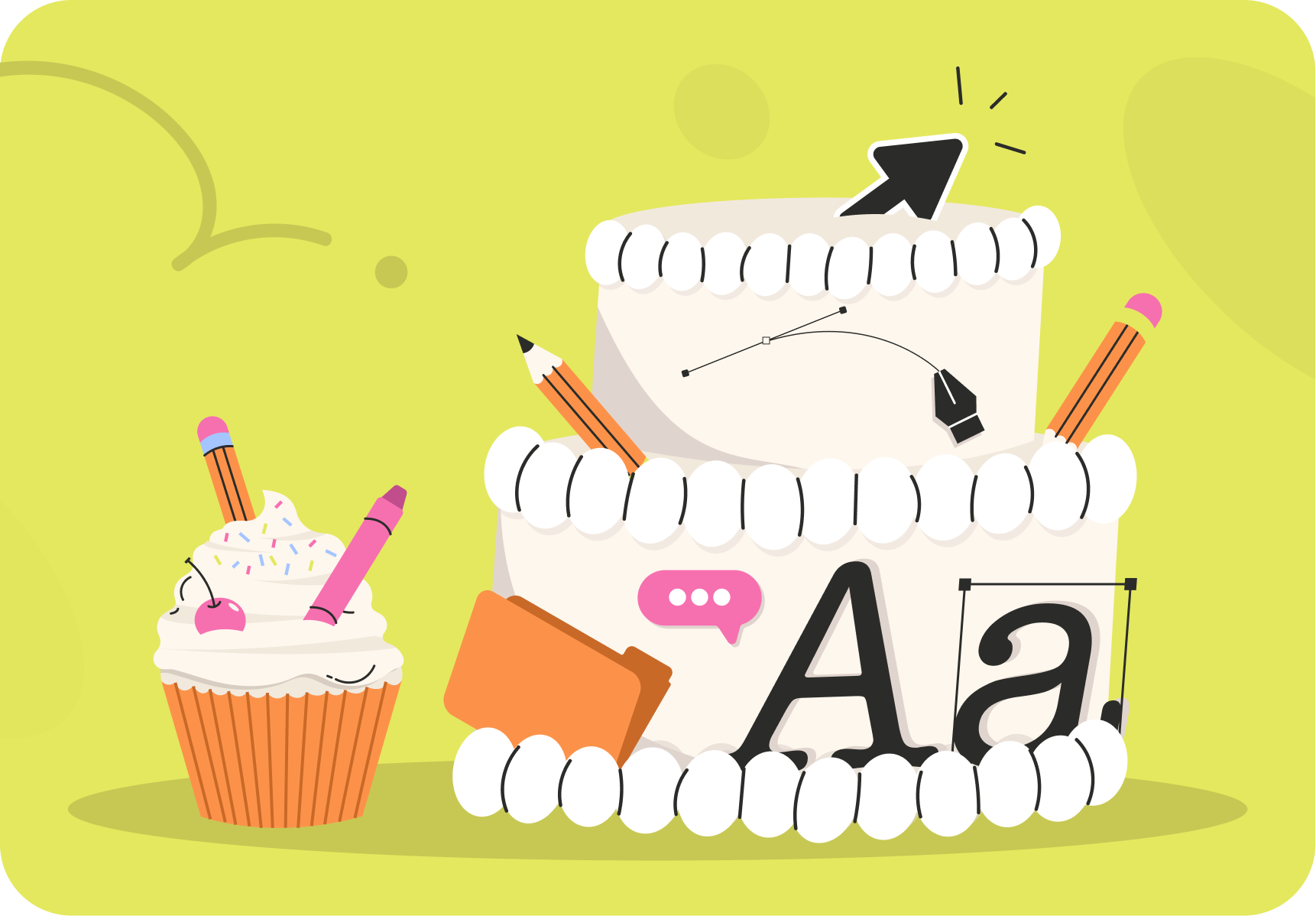 Una torta di compleanno decorata con vari strumenti di disegno come matite e penne, con un messaggio di auguri, accanto a una cupcake con decorazioni colorate e ciliegina.