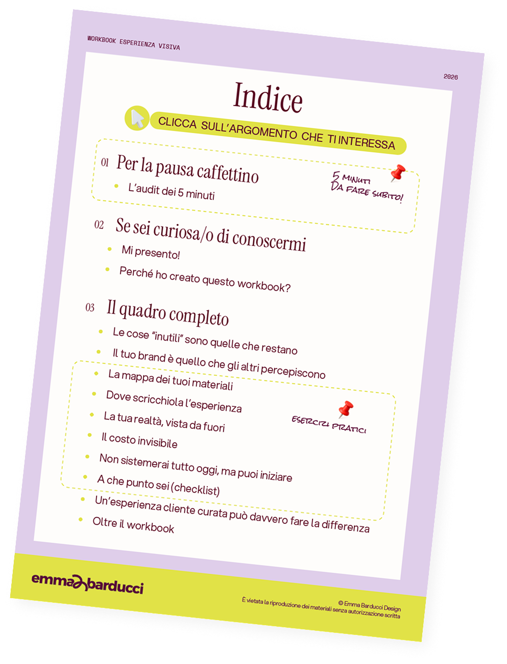 Pagina di un workbook con il titolo Indice, elenchi puntati e note in evidenza, scritto da Emma Barducci.