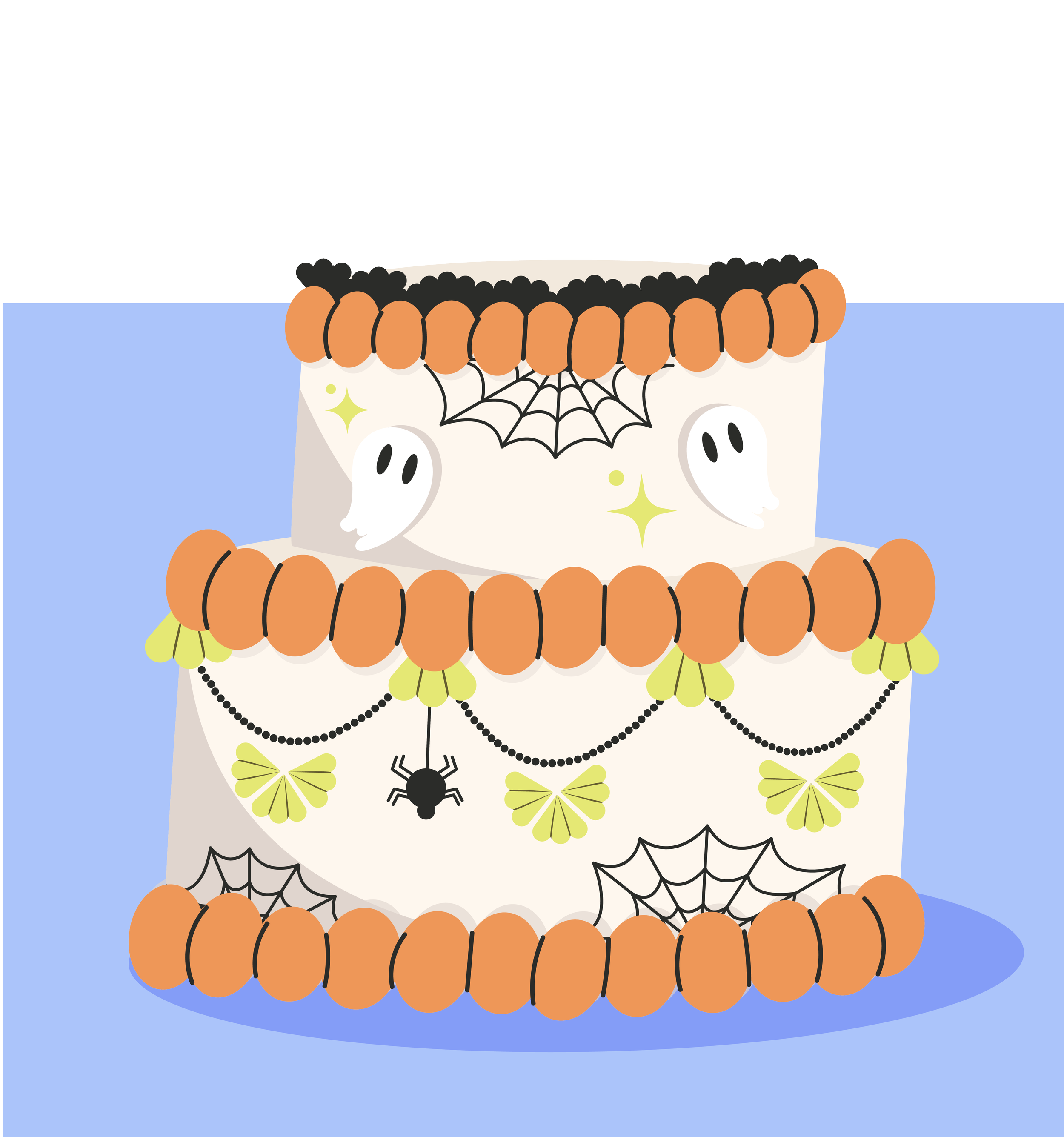 Torta di Halloween decorata con fantasmi, ragnatele, pipistrelli e fiori di zucca, decorazioni spettrali e misteriose su una superficie blu.