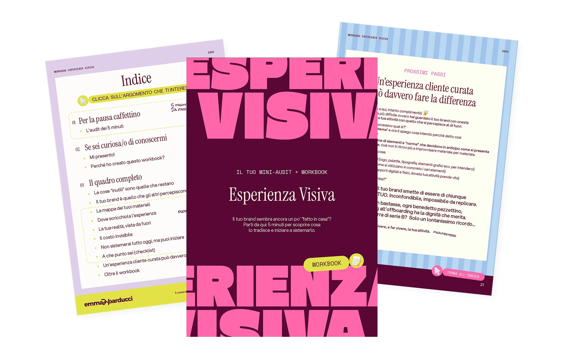 Tre pagine di un workbook intitolato "Esperienza Visiva" di Emma Barducci, con vari argomenti, un'area evidenziata gialla e pulsanti di navigazione.