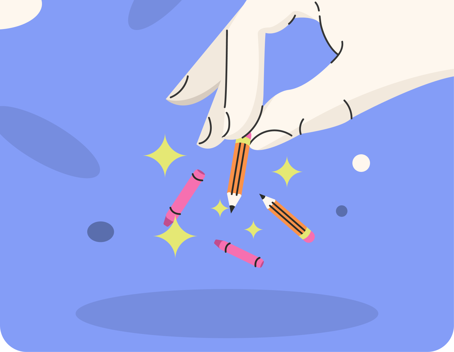 Mano che disegna con pastelli colorati su uno sfondo blu, con stelle e cerchi decorativi.