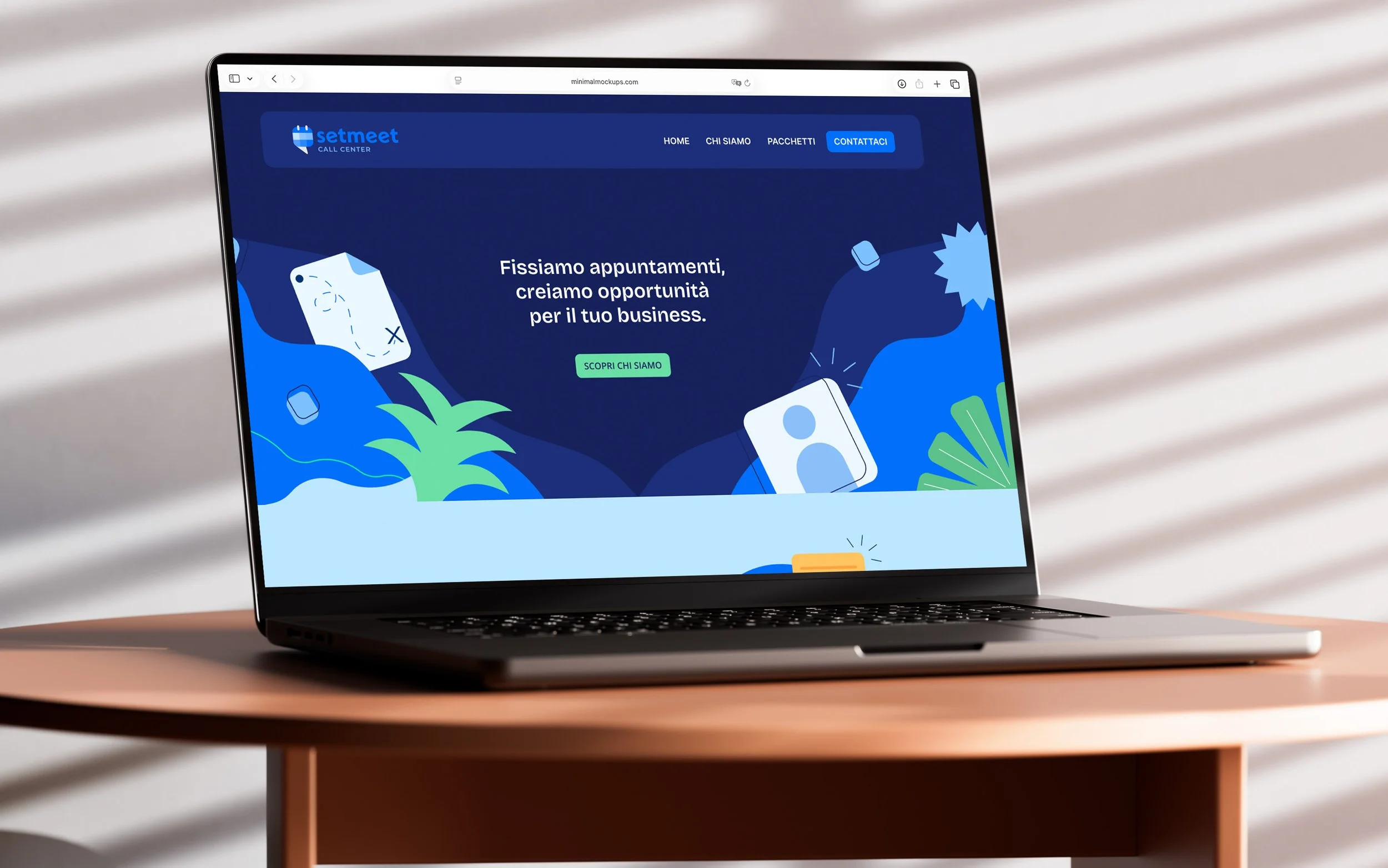Schermata di un sito web chiamato Setmeet Call Center con un menu di navigazione e una sezione che invita a creare opportunità per il business, con un pulsante verde 'Scopri chi siamo'