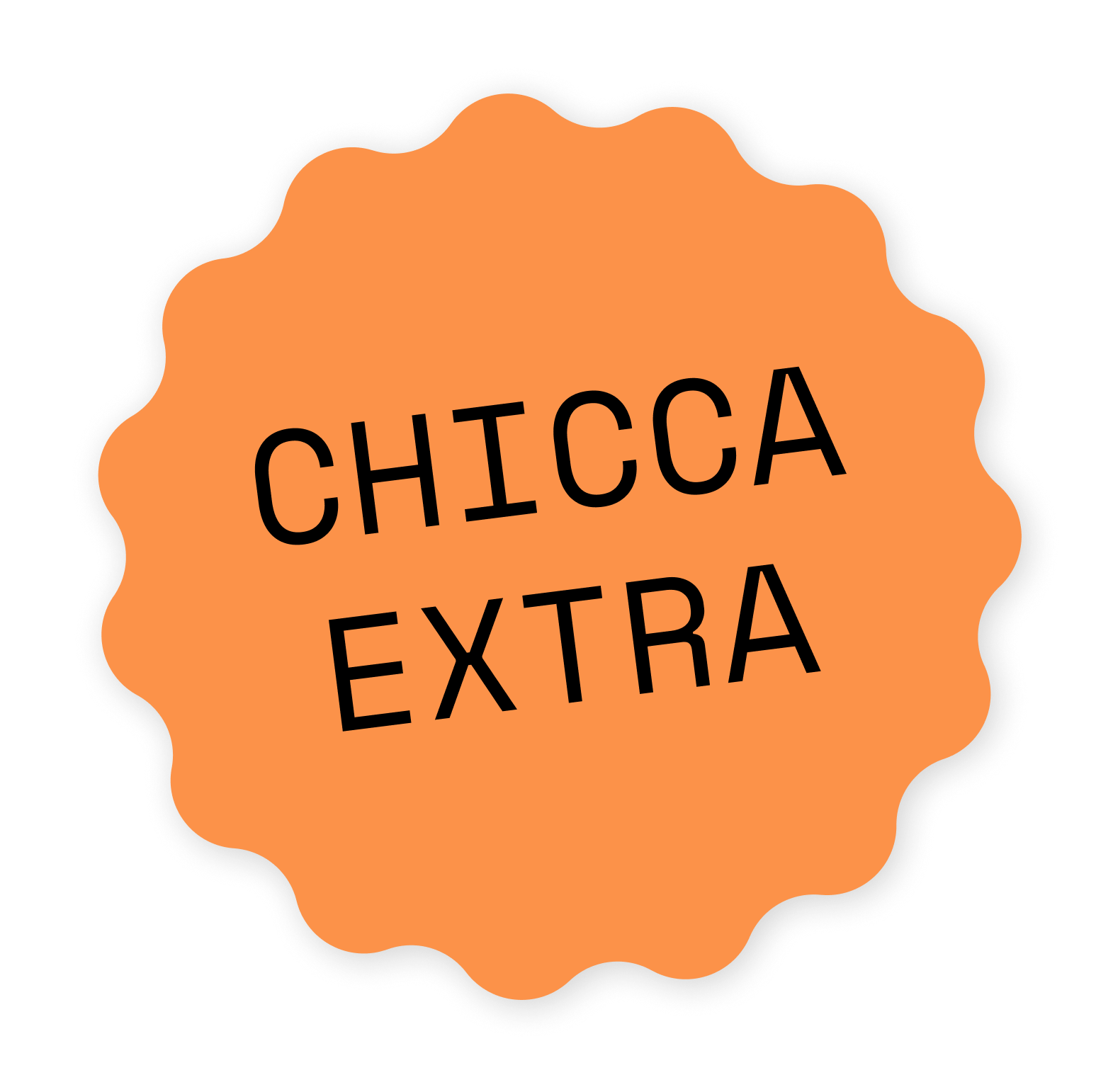 Etichetta arancione con bordo nero che dice 'Chicca Extra' in caratteri neri