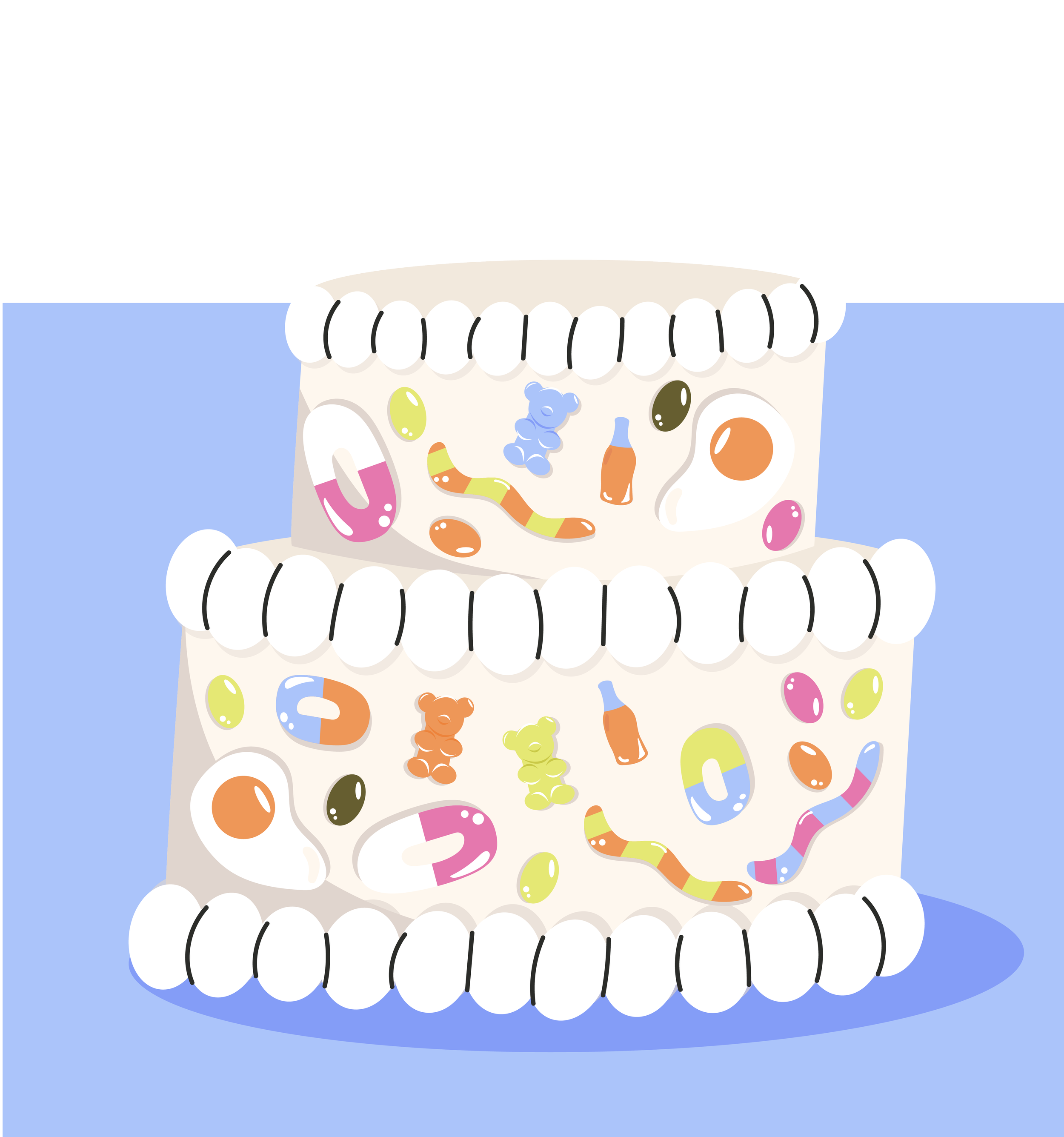 Rappresentazione del microbioma orale con vari batteri colorati tra i denti e la gengiva.