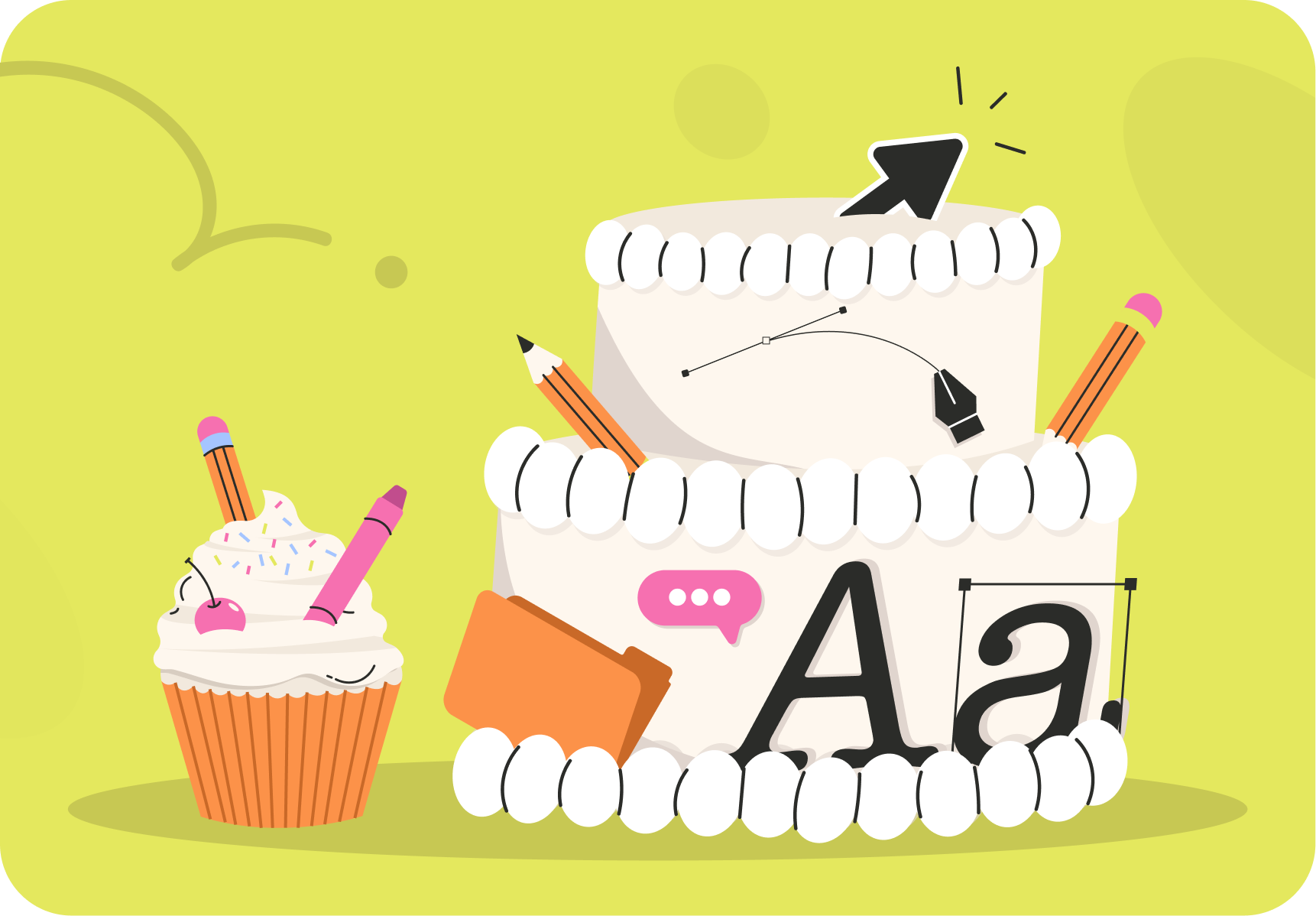 Torta di compleanno decorata con elementi di scuola e scrittura, con un cupcake accanto
