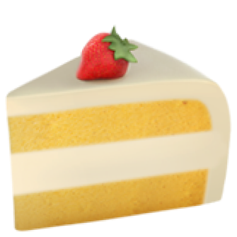 Una fetta di torta con crema bianca, una fragola in cima e strati di pan di spagna giallo.