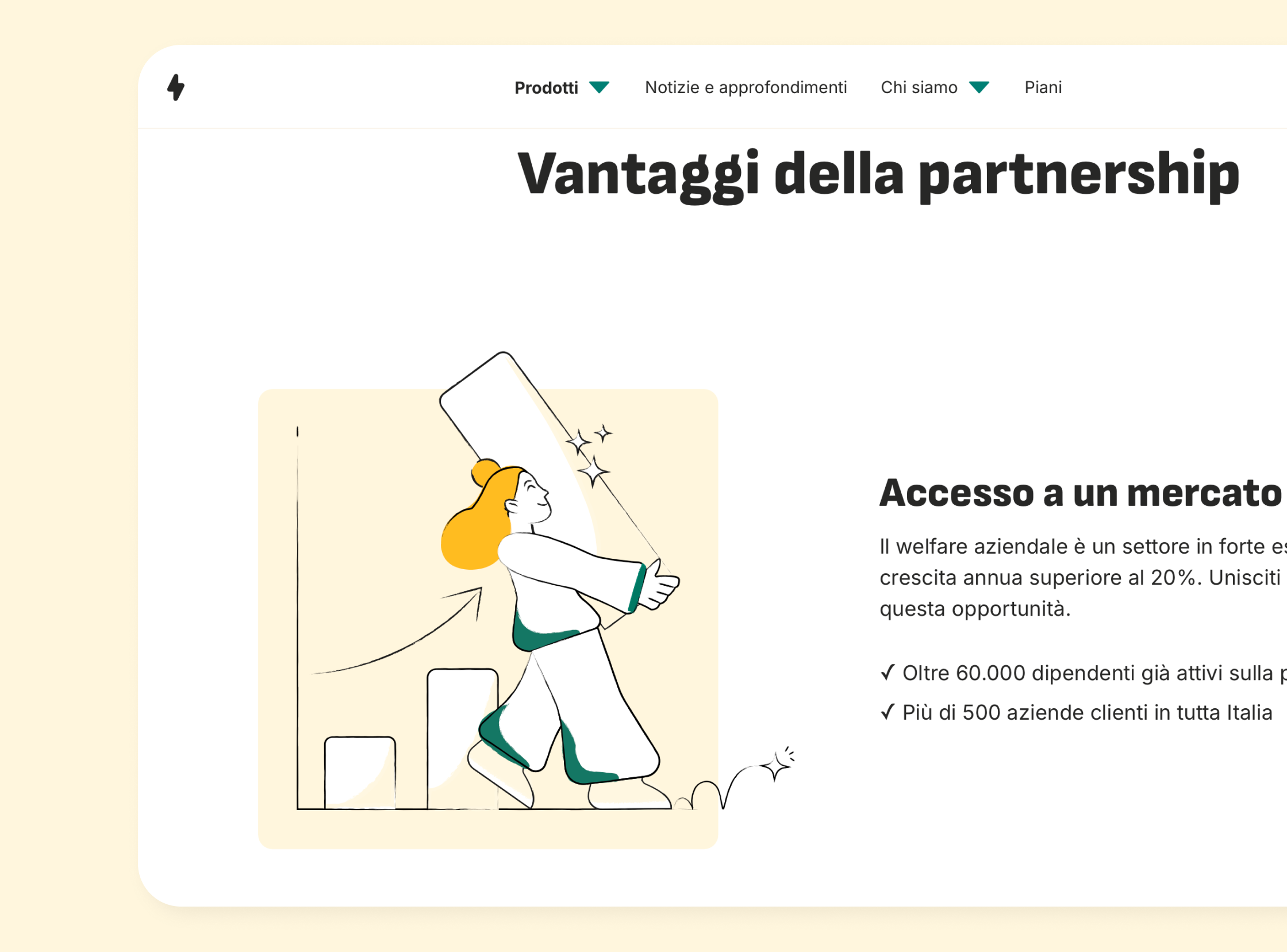 Pagina web con titolo 'Vantaggi della partnership' e immagine di una donna stilizzata che sale una scala, con un corpo di colore bianco, capelli arancioni e vestiti verdi, in stile disegno minimalista.