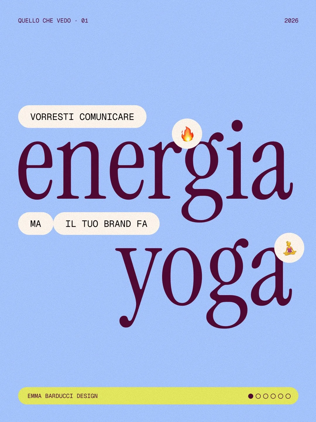Copertina di una rivista con sfondo azzurro, con testo che dice "Quello che vedo 01 2026" e un grande titolo centrale "energia yoga" con icone di una fiamma e di una donna in postura di yoga, e testi "Vorresti comunicare" e "Ma il tuo brand fa".