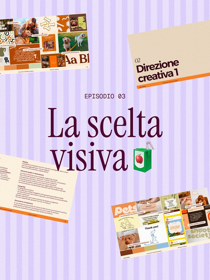 Copertina di un episodio di una serie intitolata 'La scelta visiva', con vari collage di immagini e testi in italiano su uno sfondo a righe viola.
