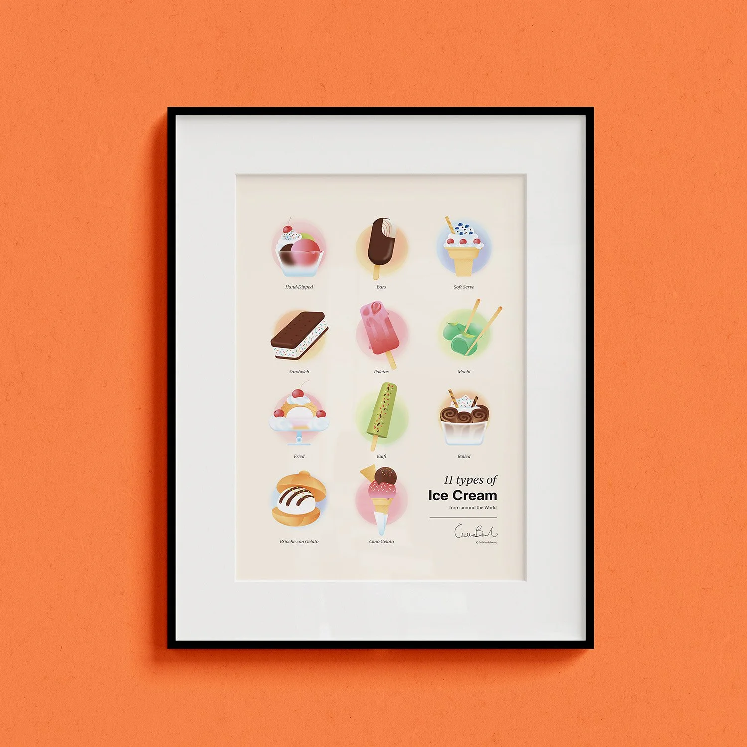Poster con illustrazioni di 11 tipi di gelato e altri dessert, come gelato artigianale, gelato in cono, gelato rotolato, e altri, con didascalie in inglese e italiano.