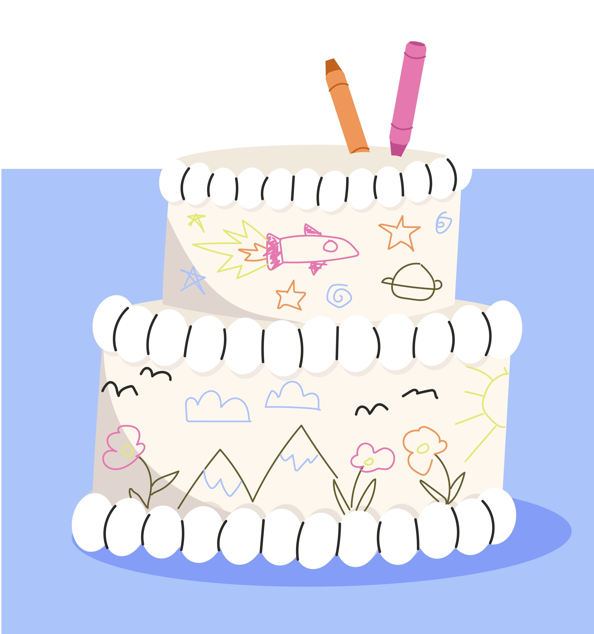 Una torta decorata con disegni di spazio e astronavi, in carta e colorata.